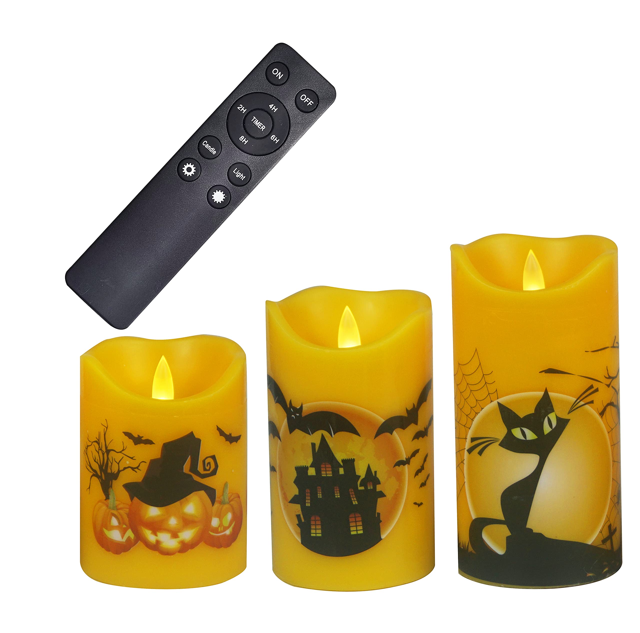 Real Wax Flameless LED Candles with Remote & Timer - Halloween Themed Battery Operated Pillar Candles with Realistic Flickering Effect (3-Pack) - Perfect for Halloween Party Decorations, Home Haunt Displays & Spooky Ambiance Lighting