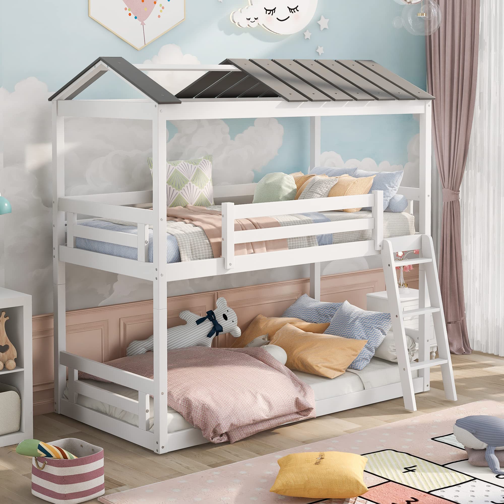 LZ LEISURE ZONE Twin Over Twin Bunk Bed - Solid Wood House Style Bed Frame with Convertible Ladder, Safety Roof & Guardrail - Space Saving Kids Bedroom Furniture (White & Grey) | Perfect for Small Rooms, Shared Kids Bedrooms & Vacation Homes