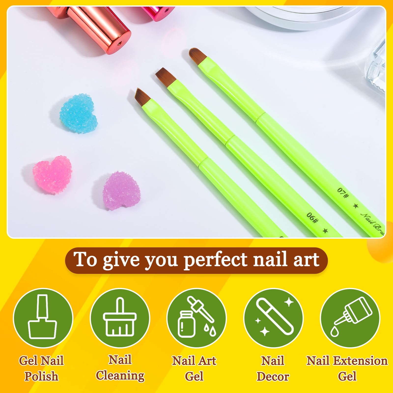 3PCS Acetone-Resistant Nail Clean Up Brushes - Professional Cuticle Cleaner for Nail Polish Mistakes, Perfect for OPI Nail Polish Remover & Nail Art Designs (Fluorescent Green) - Ideal for Salon, Home Manicures & DIY Nail Art