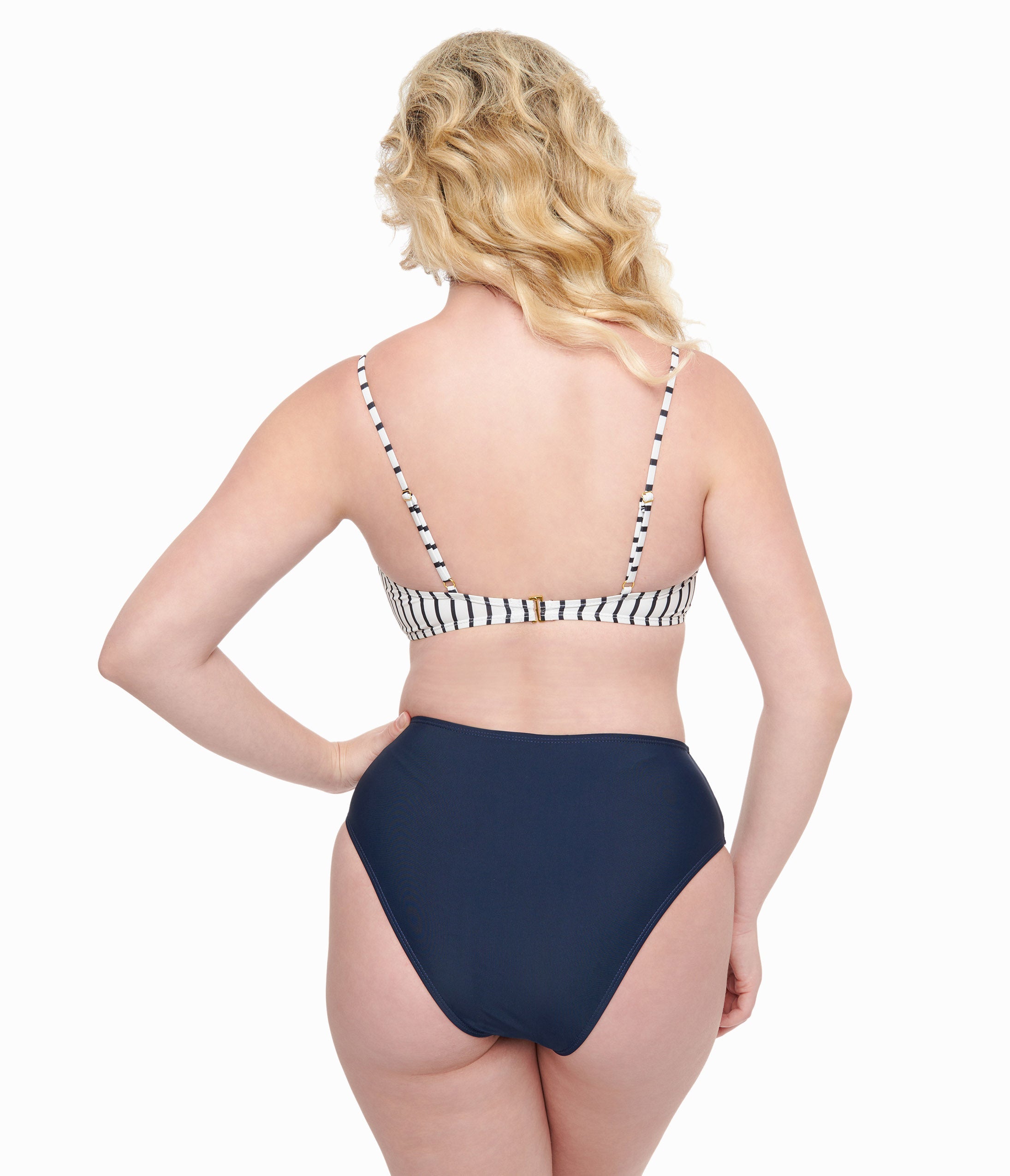 Navy & White Striped Two Piece Swimwear Set - Women's High Waisted Bikini Top & Bottom for Beach, Pool, Vacation