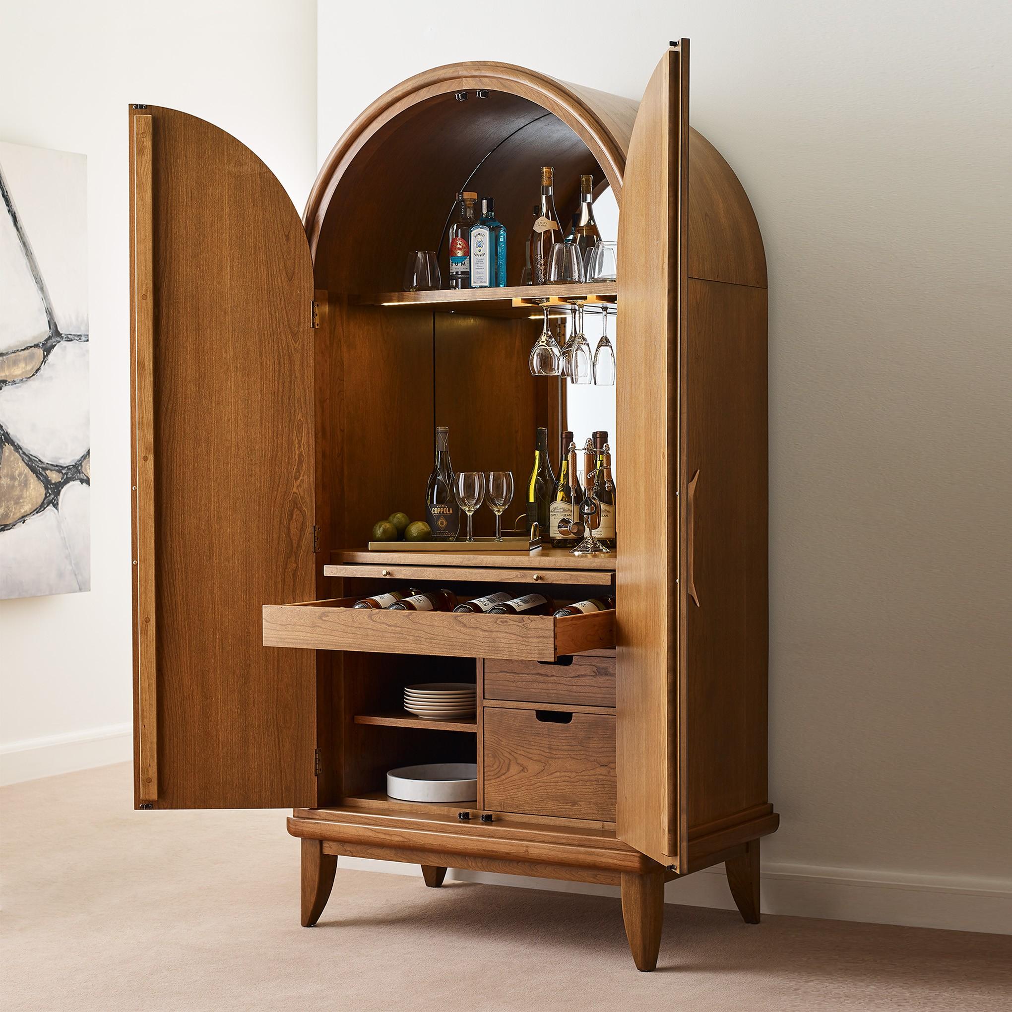 Martine Arched Bar Cabinet - Modern Wooden Liquor Storage with Glass Doors & LED Lighting - Perfect for Home Bar, Dining Room, or Living Room Decor