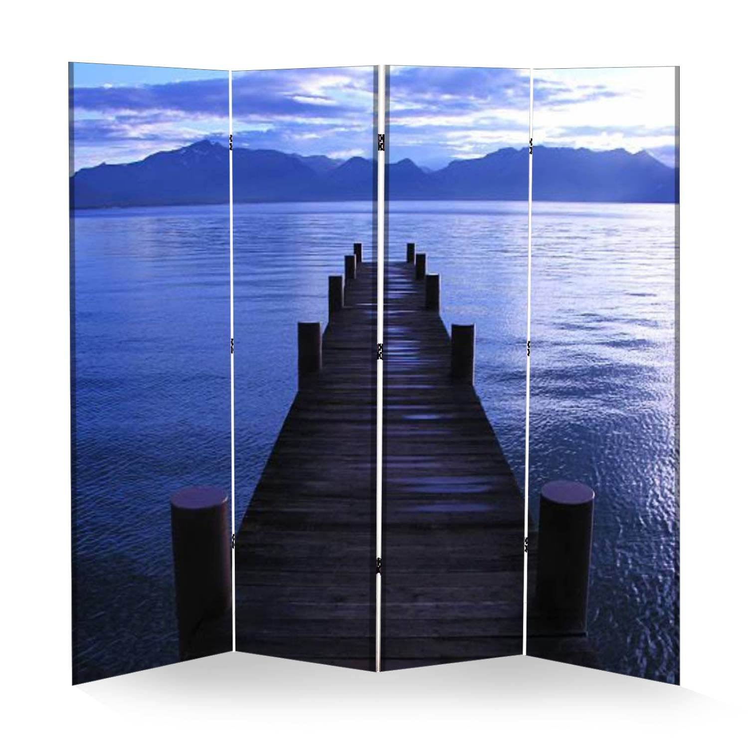 APED DECOR Wooden Room Divider - Lake Tahoe Dock at Dusk Folding Privacy Screen, 4-Panel Canvas Partition with Dual-Sided Design for Home Office, Bedroom & Living Room Decor | Indoor Space Divider & Display Shelf