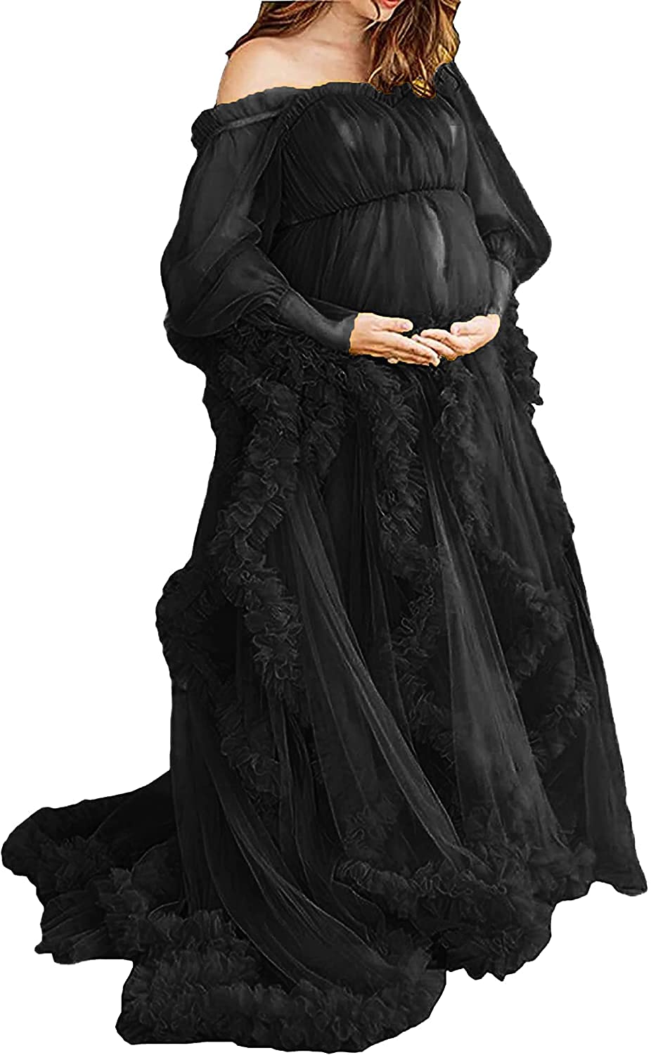 Hecate Women's Sexy Maternity Nightgown - Lace Ruffle Sleeveless Tulle Dress for Wedding, Bridal Shower & Maternity Photoshoot