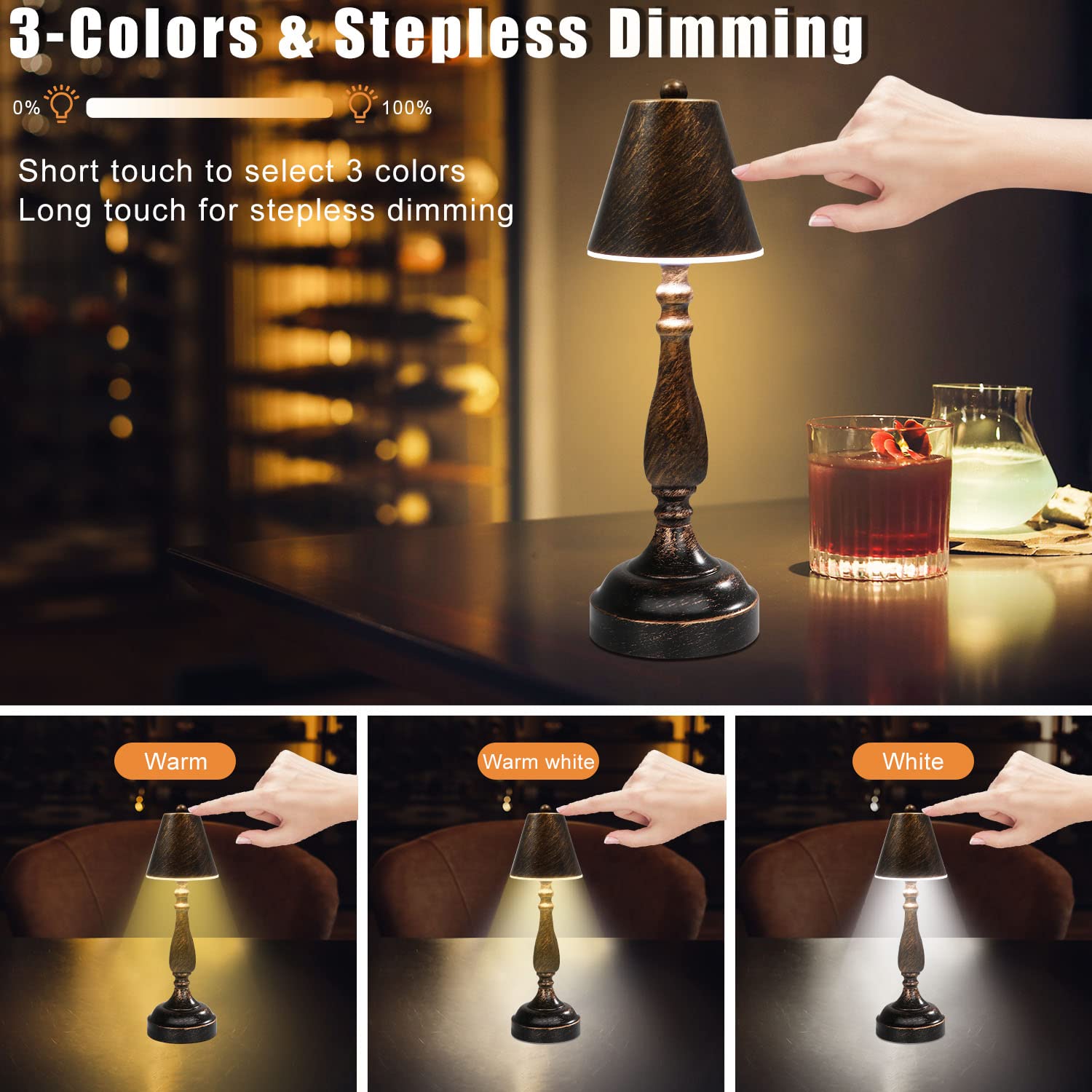UMEXUS Rechargeable LED Table Lamp - 3-Way Dimmable Touch Control, Portable Cordless Night Light for Bedroom, Office, Restaurant & Outdoor Decor - Perfect for Reading, Dining & Ambient Lighting