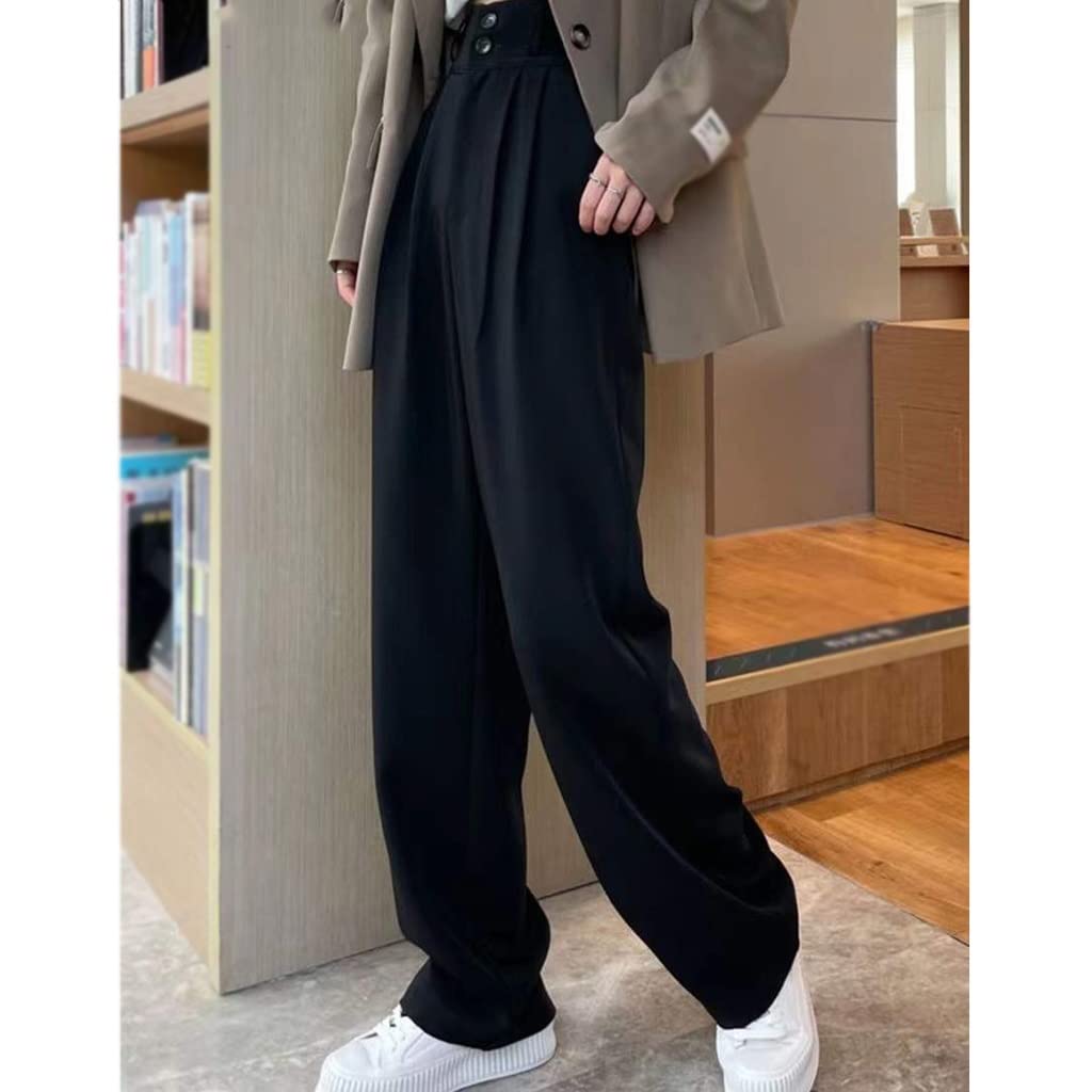 Black Women's High Waist Wide Leg Suit Pants - Buttoned Office Work Pants for Business & Formal Wear | Thin & Comfortable for Professional Women | Perfect for Office, Interviews & Business Meetings (Color: A, Size: XL)
