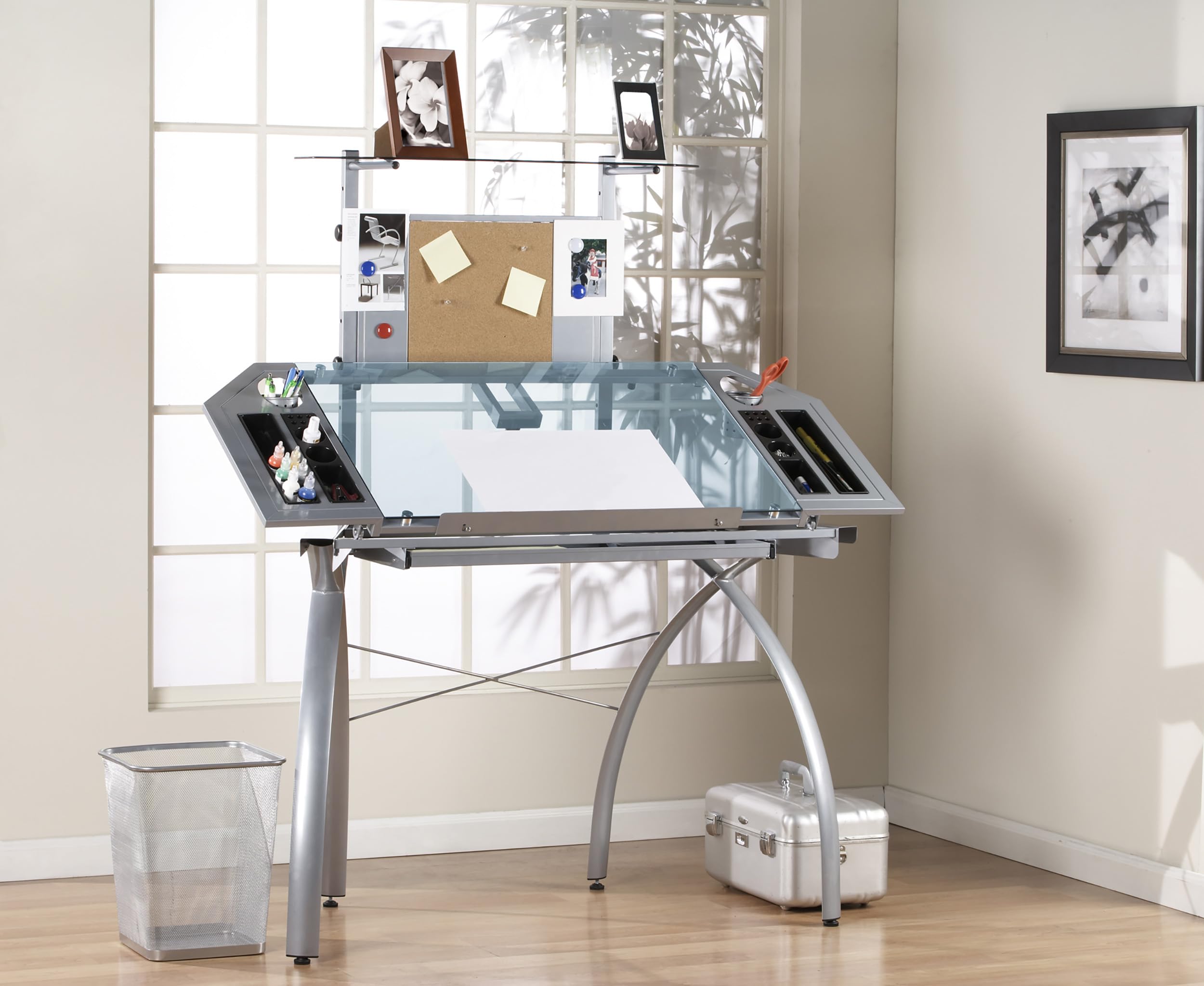 Studio Designs Futura Tower - Silver/Blue Glass Modern Laptop Desk with Adjustable Shelf | Perfect for Home Office, Gaming Setup & Small Spaces