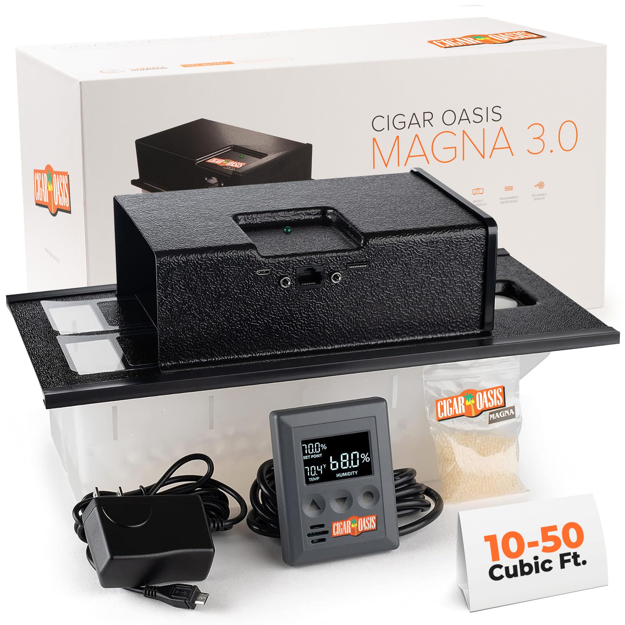 Cigar Oasis Magna 3.0 Electric Humidifier for Cigars - LCD Humidity & Temperature Display - Sensor Controlled Fan - Soft-Touch Button - Ideal for 10-50 Cubic Ft Humidor Cabinets - Perfect for Cigar Storage & Aging in Home or Office