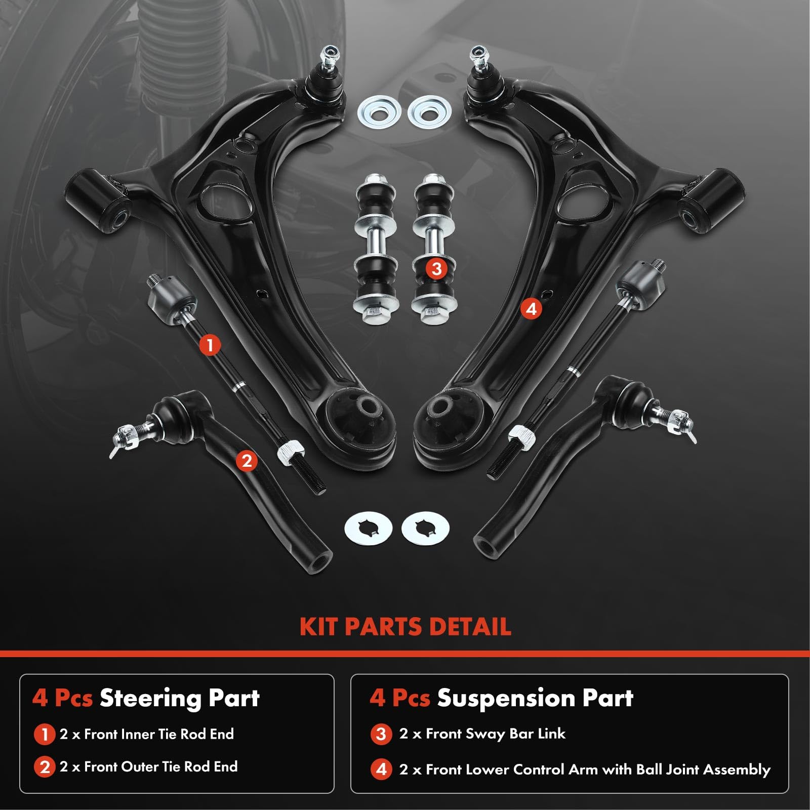 Premium 8-Piece Suspension Kit - Front Lower Control Arm, Sway Bar Link, Inner & Outer Tie Rod Ends for 2004-2005 Toyota Echo (Sedan & Hatchback) - Improve Handling & Ride Comfort for City Driving & Daily Commutes