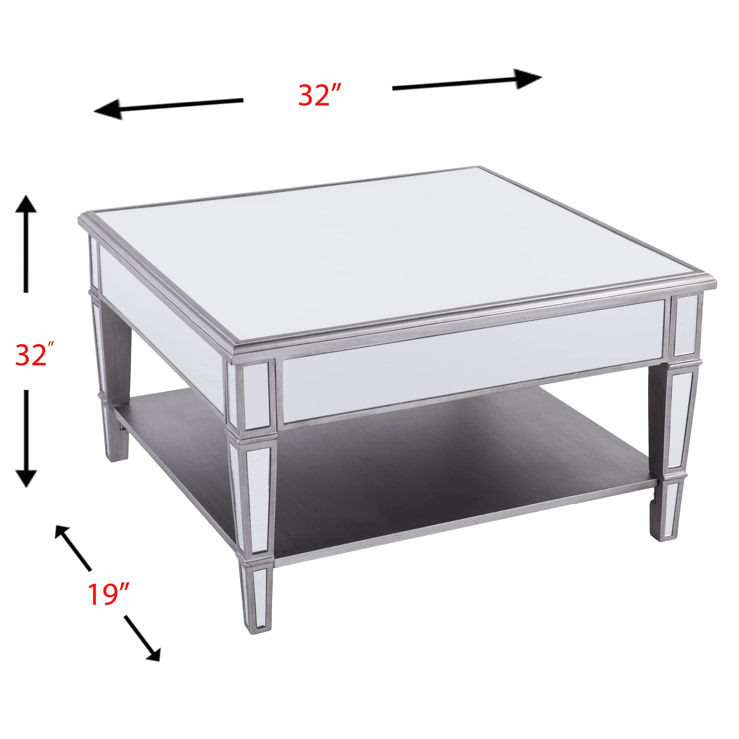 SEI Furniture Wedlyn Square Mirrored Coffee Table - Modern Silver Glass Top Living Room Center Table for Home Decor & Entertaining