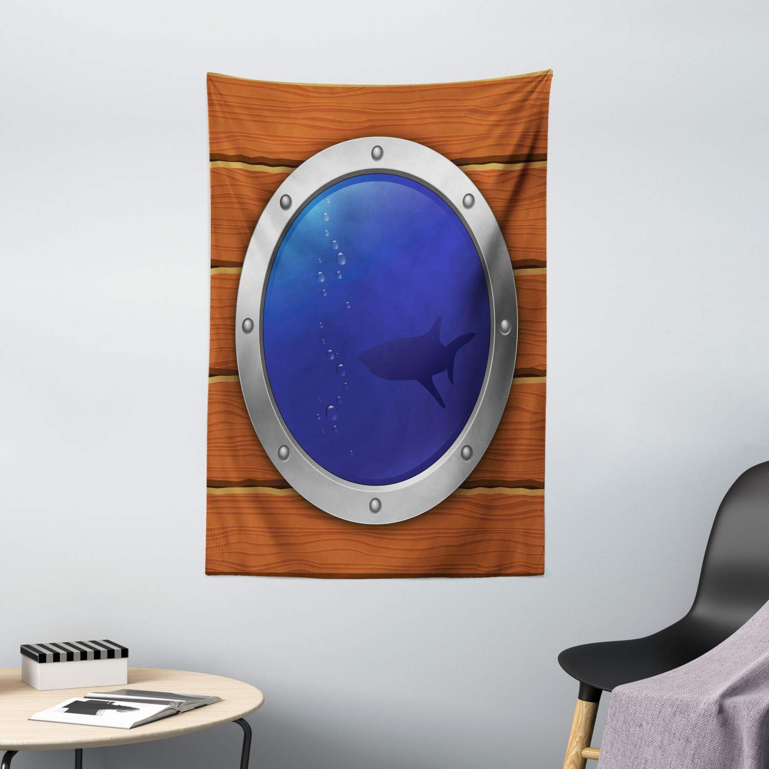 Ambesonne Nautical Tapestry - Porthole Shark Wooden Ship Ocean Scene Wall Art - 40x60 Inch Brown Navy Blue Grey Wall Hanging for Bedroom, Living Room & Dorm Decor - Perfect for Beach House, Nautical Theme Rooms and Ocean Lovers