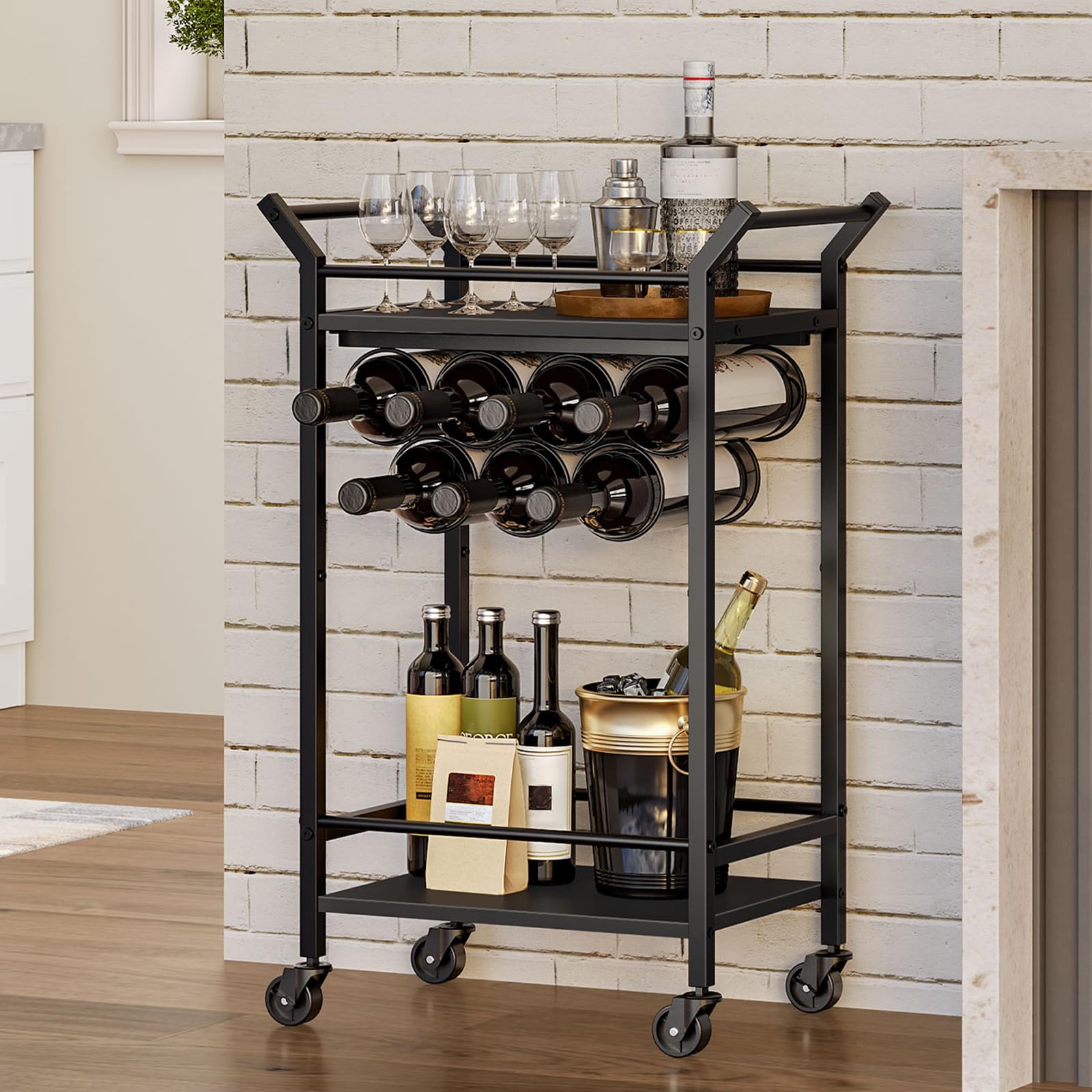 Black & Rustic Brown Bar Cart with Wine Rack - Mobile Kitchen Serving Cart for Beverages, Cocktails & Home Entertaining - Perfect for Living Room, Dining Area & Party Hosting