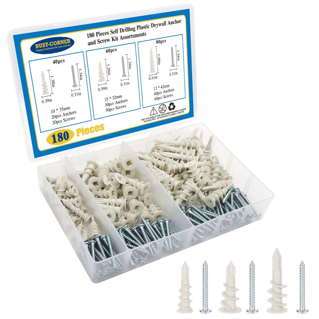 180-Piece Nylon Plastic Drywall Anchors Kit - Self-Drilling Wall Anchors for Hollow Walls, Heavy Duty & Sturdy Drywall Fasteners - Perfect for Hanging Pictures, Shelves & Home Decor