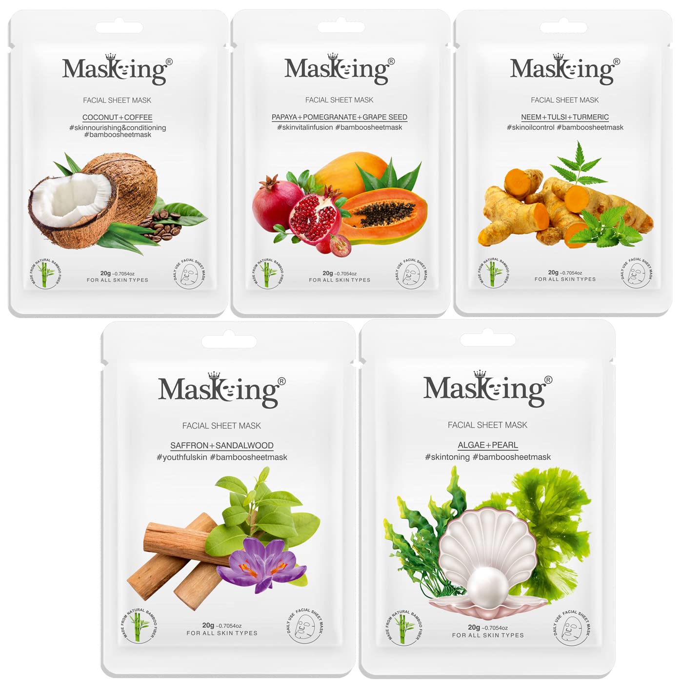 Premium Bamboo Facial Sheet Mask Set - Coffee, Papaya, Neem, Saffron & Algae Infused (5-Pack, 100ml Each) for Glowing Skin | Hydrating & Anti-Aging Face Masks for Women & Men | Perfect for Spa Night, Self-Care Routine & Gift Giving