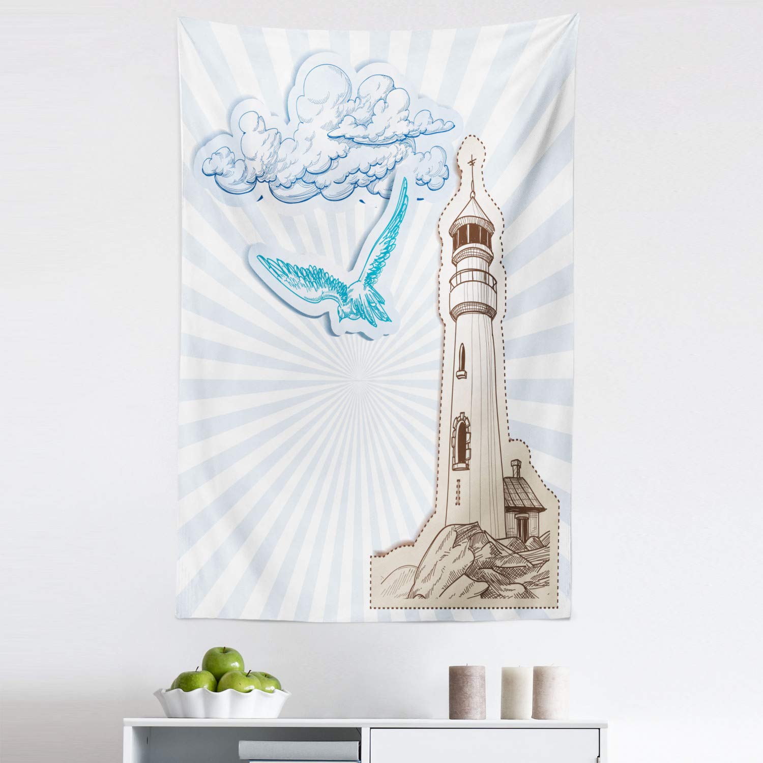 Ambesonne Seagulls Tapestry Wall Art - Nautical Scrapbook Style Fabric Wall Hanging with Seagull & Cloud Designs - 30