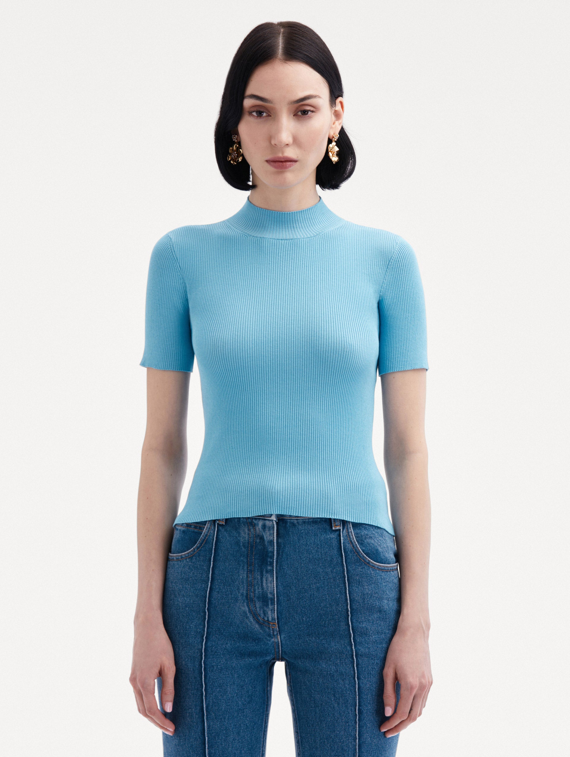 Women's Short Sleeve Mock Neck Ribbed Pullover Sweater - Casual Stretch Knit Top for Everyday Wear, Work & Date Nights