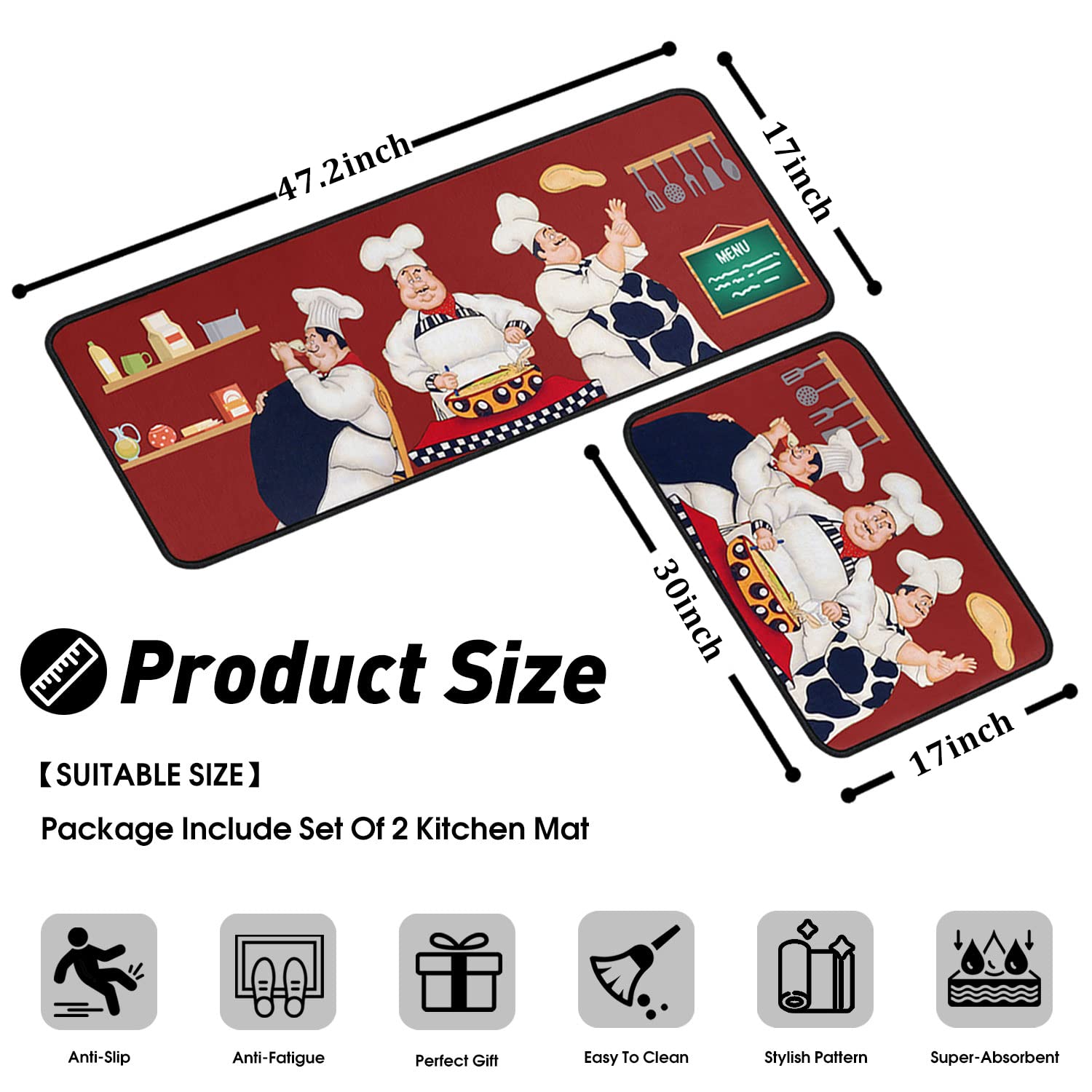 Non-Slip Washable Microfiber Kitchen Rugs Set of 2 - Absorbent Chef Mats for Floors (17