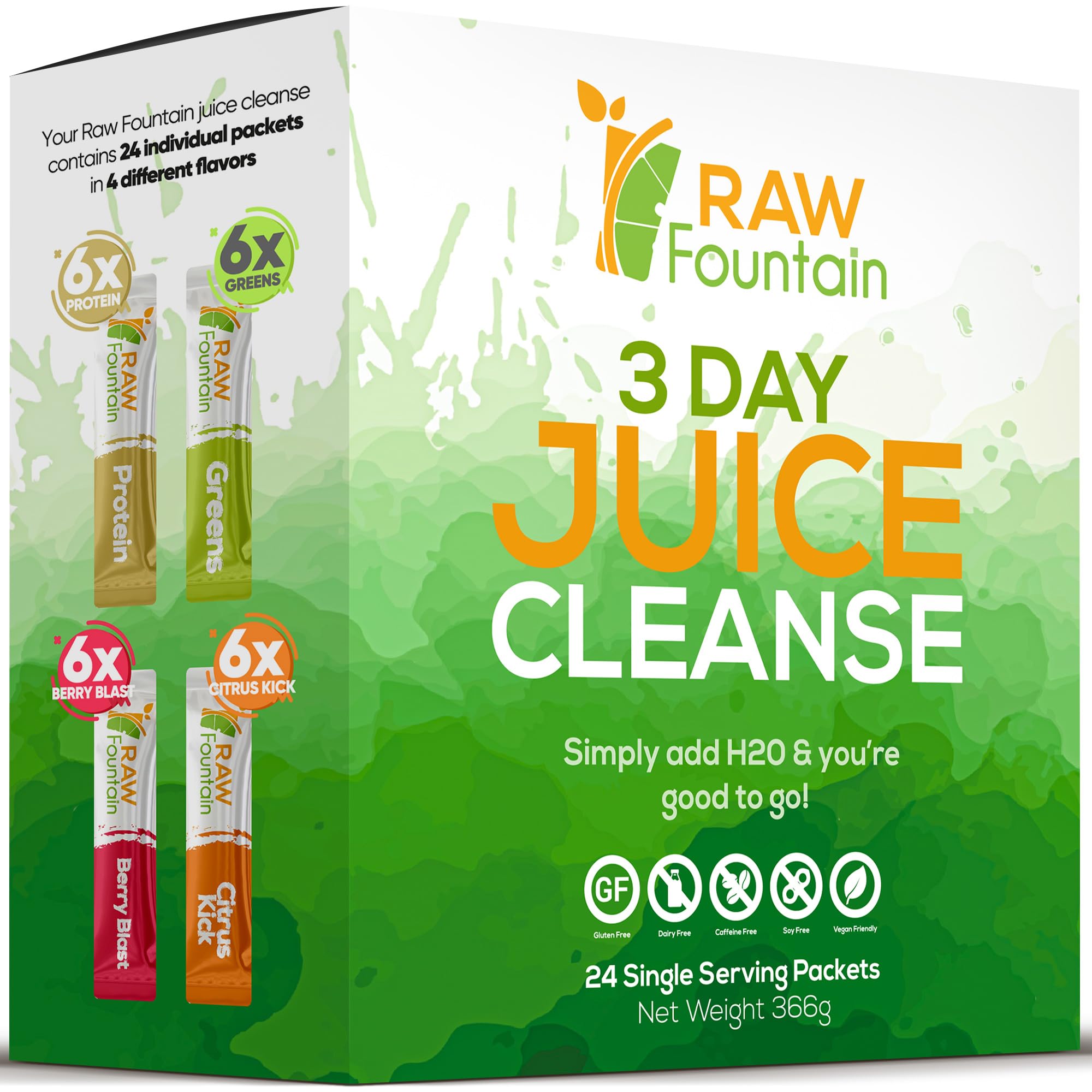 Raw Fountain 3-Day Juice Cleanse Detox & Weight Management Program | 24 Powder Packets | Vegan, Travel-Friendly | 4 All-Natural Flavors with Protein | Perfect for Post-Holiday Reset, Wellness Retreats & Busy Lifestyles