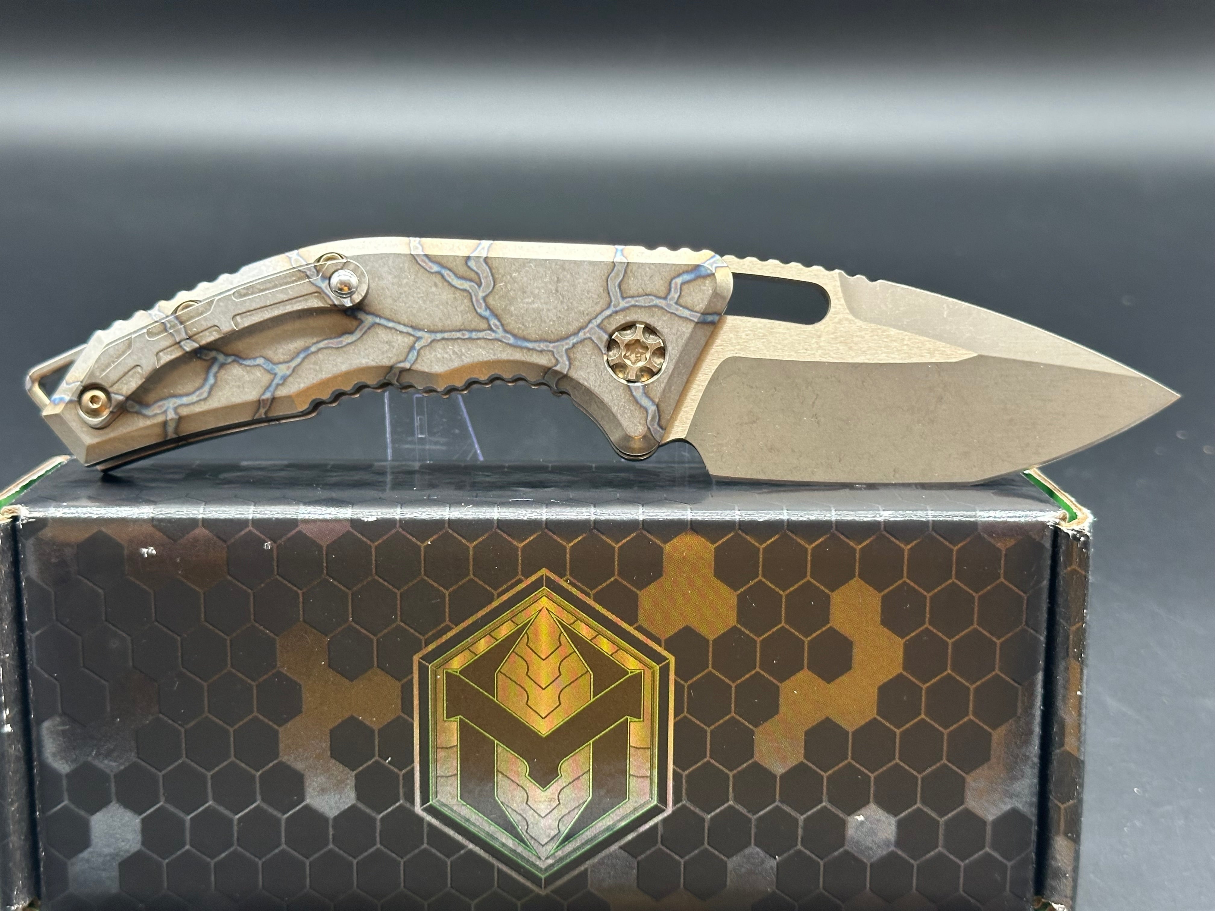Heretic Medusa Battleworn Bronze Tanto Knife - Flamed Titanium Handle with 3 Bronze Accents | Tactical EDC, Outdoor Survival, and Collector's Item