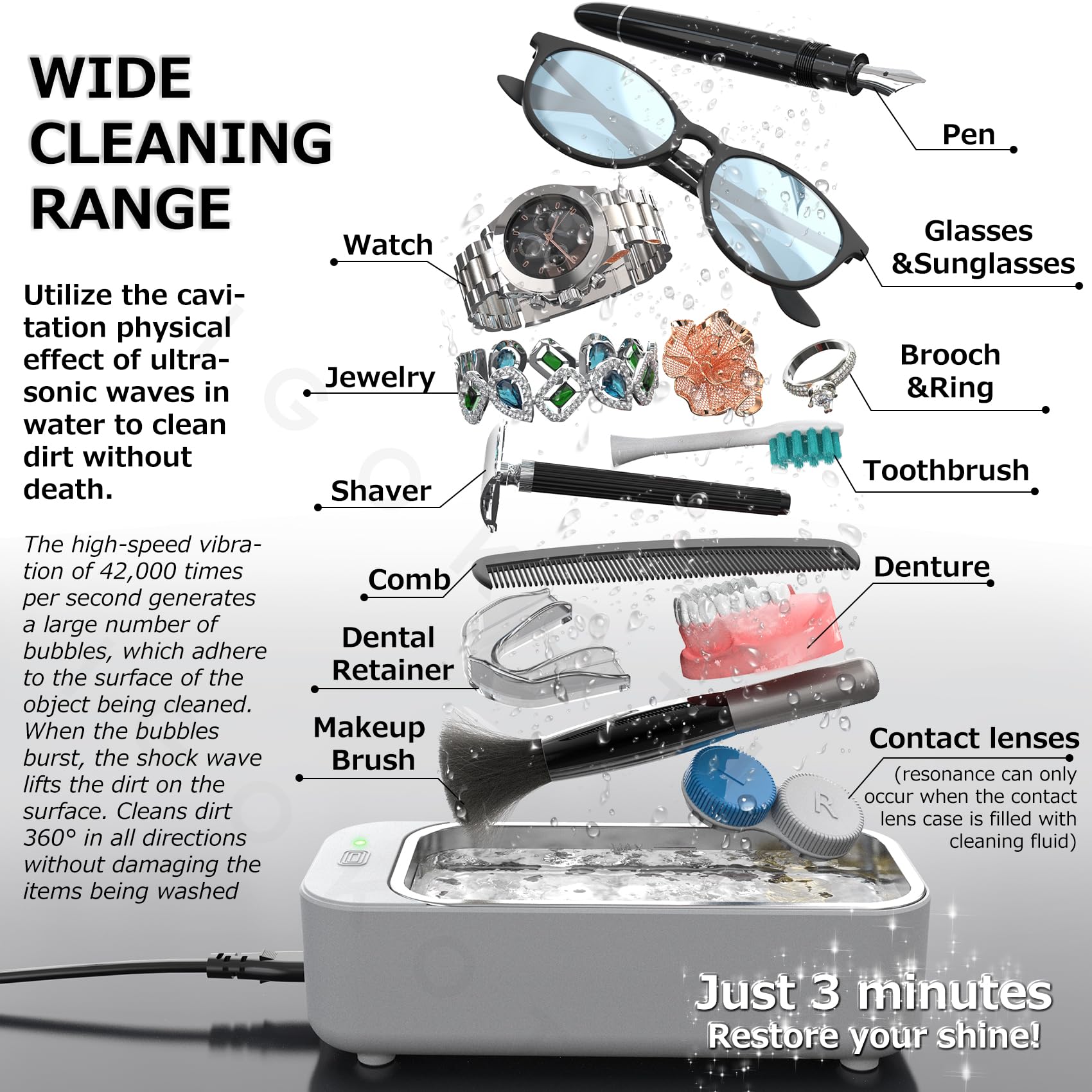 Professional 42kHz Ultrasonic Jewelry Cleaner Machine with Timer - 450ML Capacity for Glasses, Watches, Earrings, Rings & Necklaces - Perfect for Home, Office or Jewelry Store Use (White)