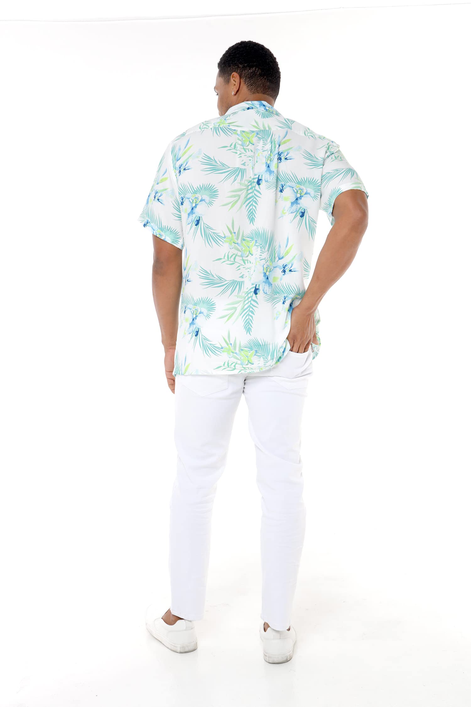 Hawaiian Couple Matching Luau Shirts & Ruffle Wrap Dresses - Orchid Breeze White Outfit for Beach Party, Vacation, and Summer Date Night