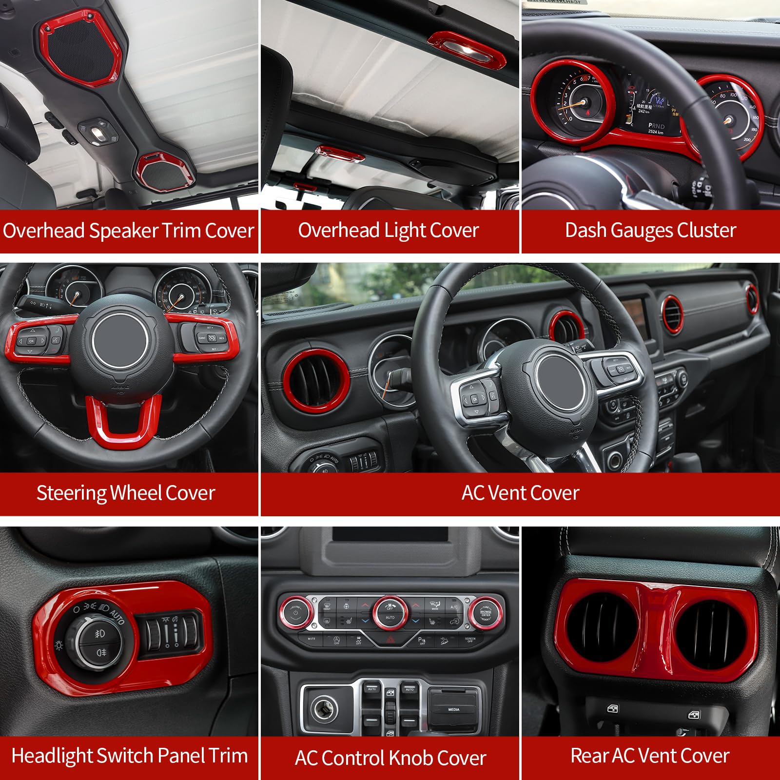 RT-TCZ Red Interior Trim Cover Kit for Jeep Wrangler JL & JLU (2018-2023) - 20pcs AC Vent Rings - Upgrade Your Ride's Style - Perfect for Off-Road Adventures & Custom Car Mods