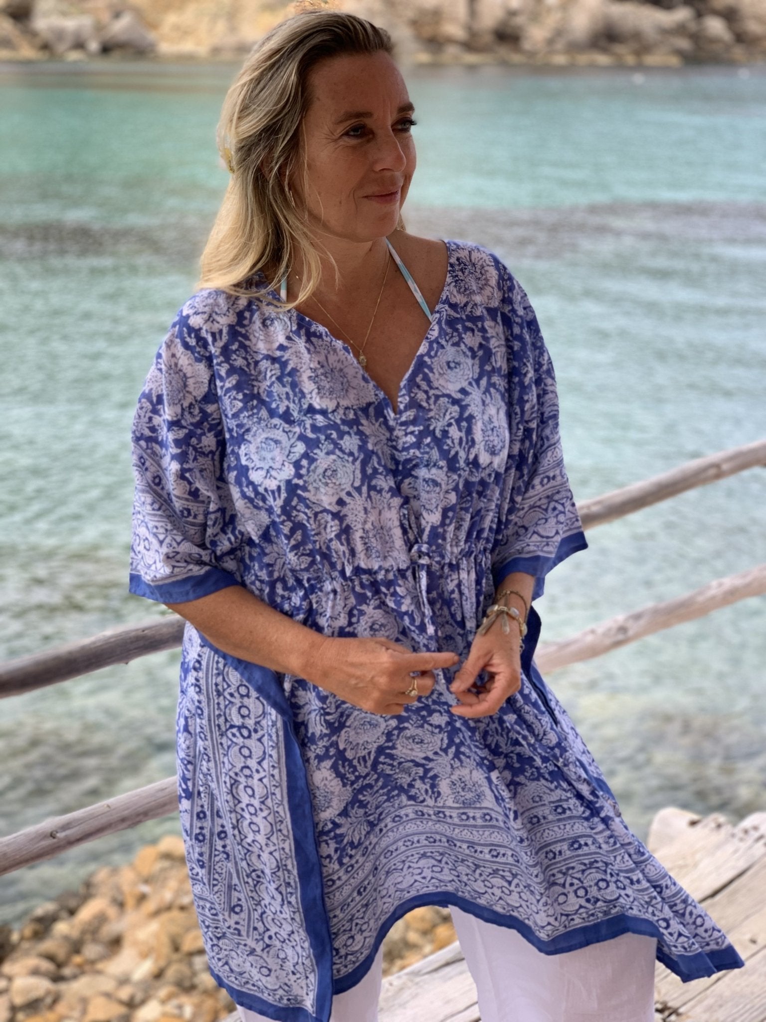Stylish Blue Block Print Short Kaftan Dress - Perfect for Beach, Vacation & Summer Outfits