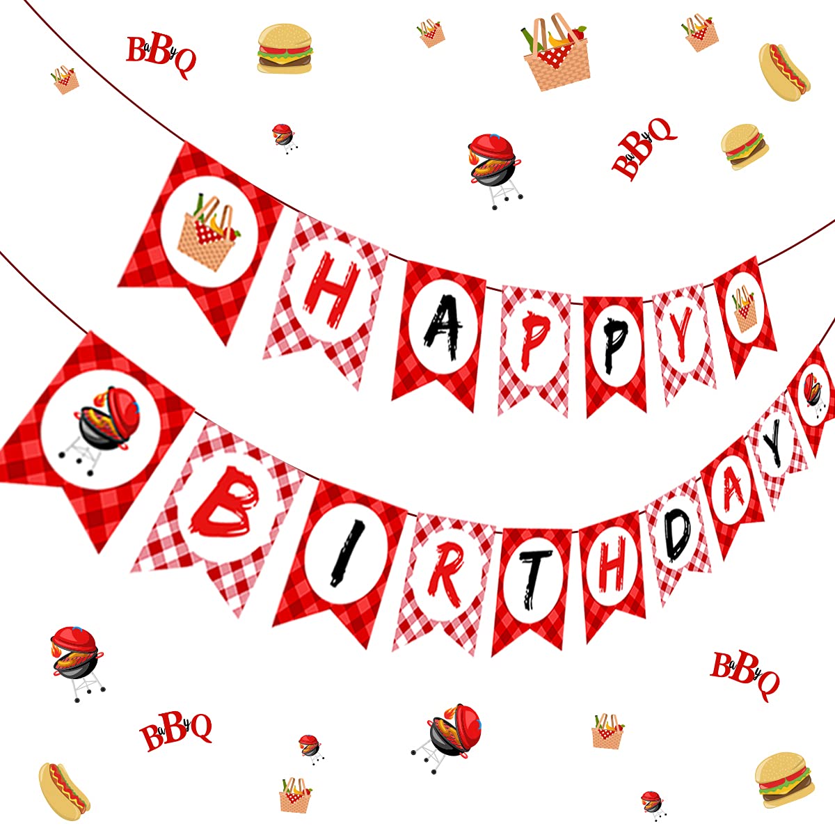 BBQ Happy Birthday Banner - Red Gingham Barbecue Party Decor for Summer & Fall Picnics, Outdoor Birthday Celebrations, Backyard Cookouts, and Themed Party Supplies