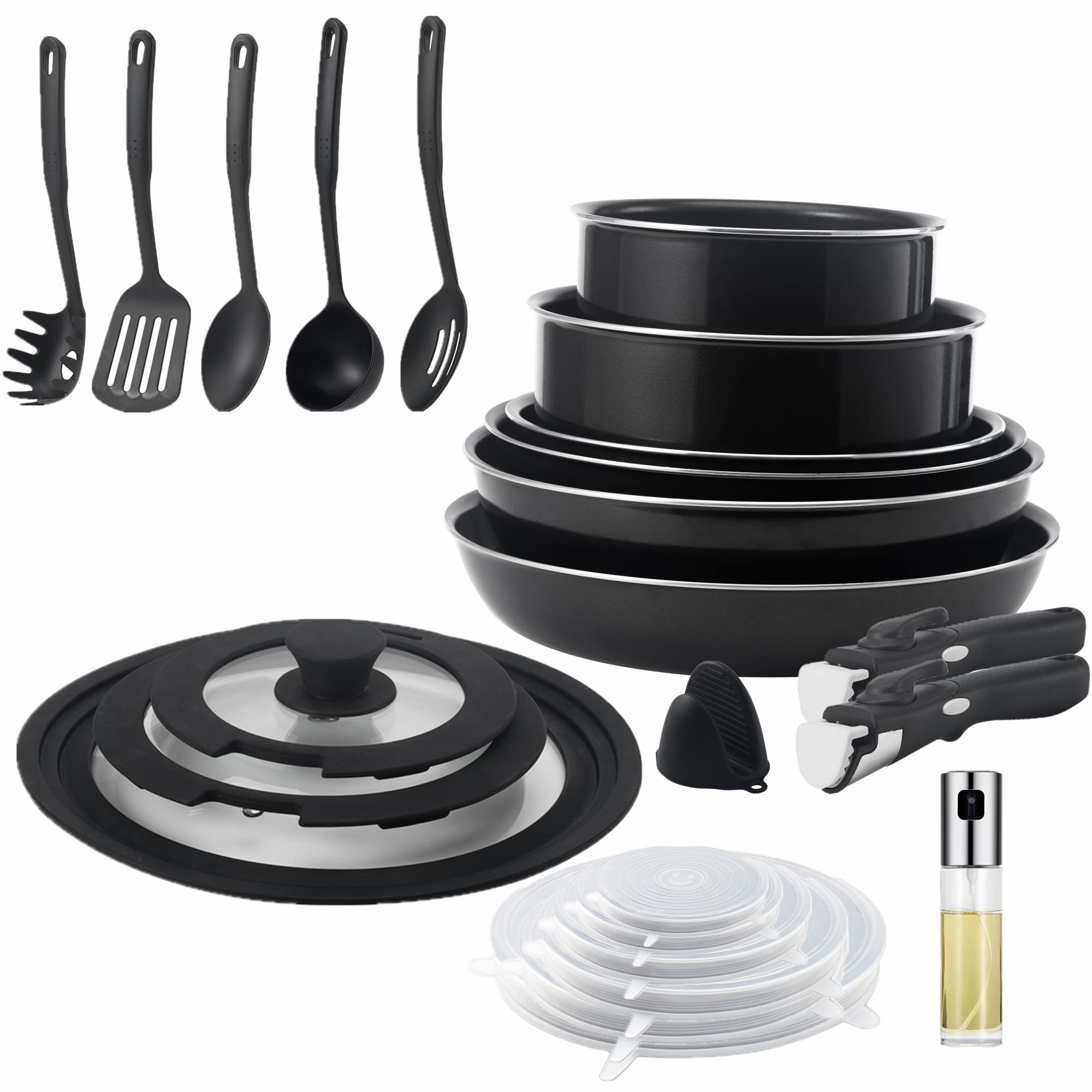 24-Piece Non-Stick Cookware Set with Oil Sprayer - Stackable Pots and Pans with Removable Handles for Space Saving - Compatible with RV, Camping, Oven, Induction, Gas & Electric Stovetops - Dishwasher Safe - Perfect for Small Kitchens, Apartments and Outdoor Cooking