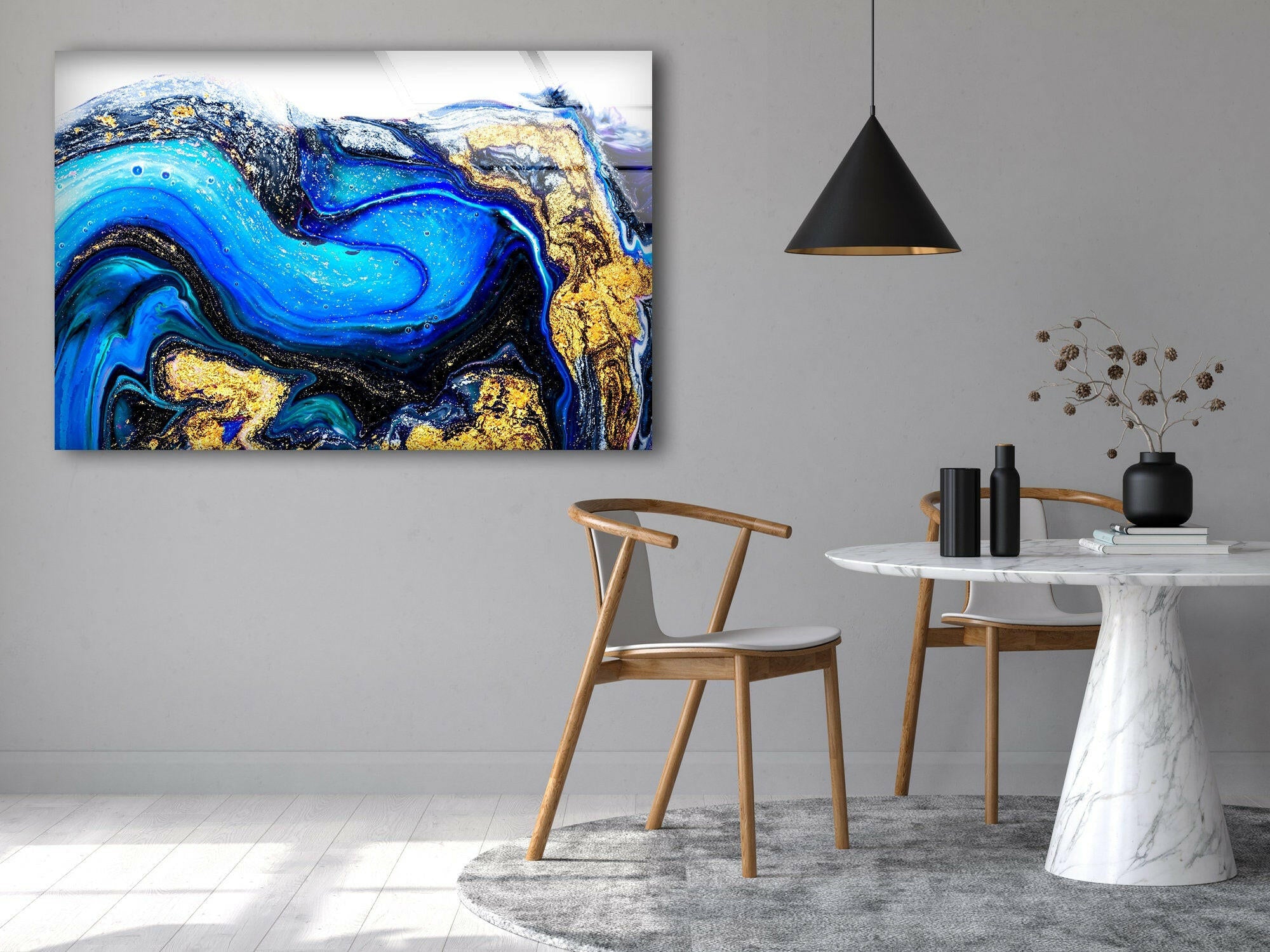 Blue Gold Marble Abstract Glass Wall Art - Modern Home Decor for Living Room, Bedroom & Office - Elegant Handmade Glass Panel for Contemporary Interior Design