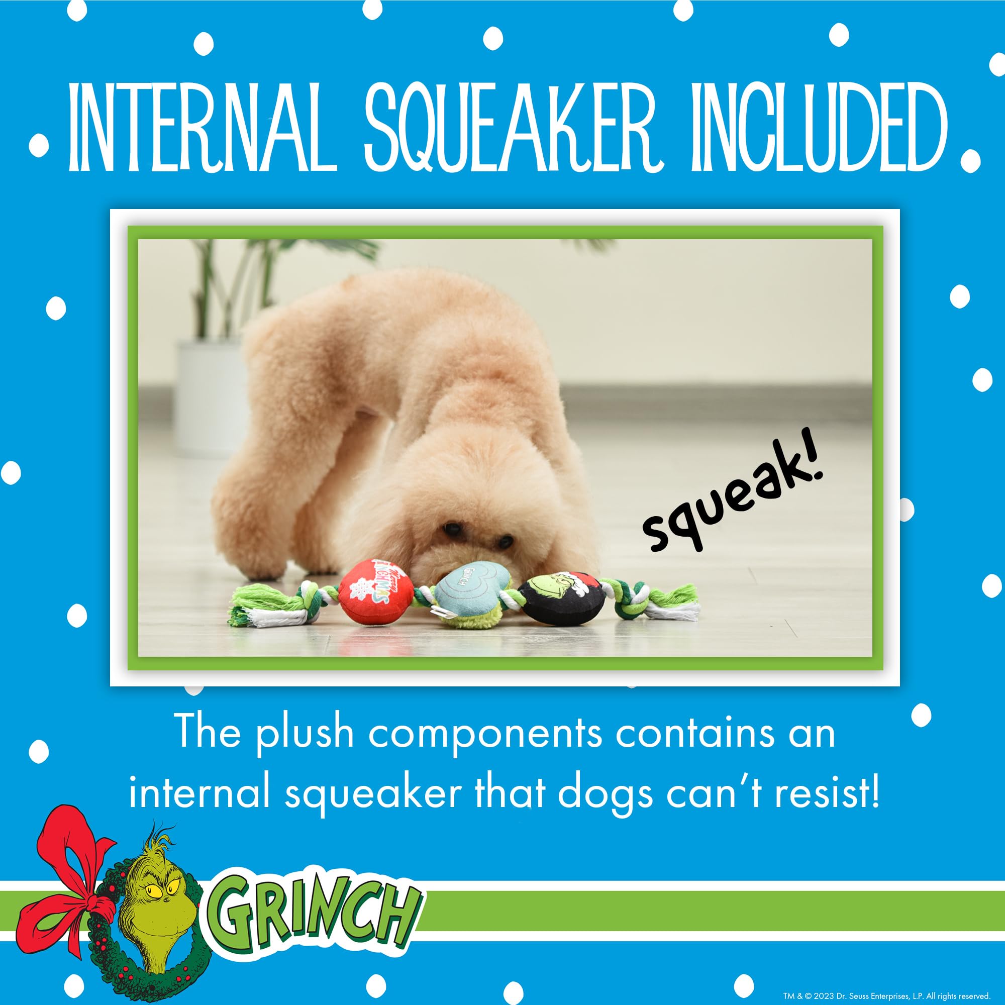 The Grinch Stole Christmas 14'' Squeaky Rope Dog Toy - Holiday Chew Toy for Puppies & Dogs, Durable Pet Stocking Stuffer Gift (FF23498-23/12) - Perfect for Christmas Playtime & Festive Pet Photos