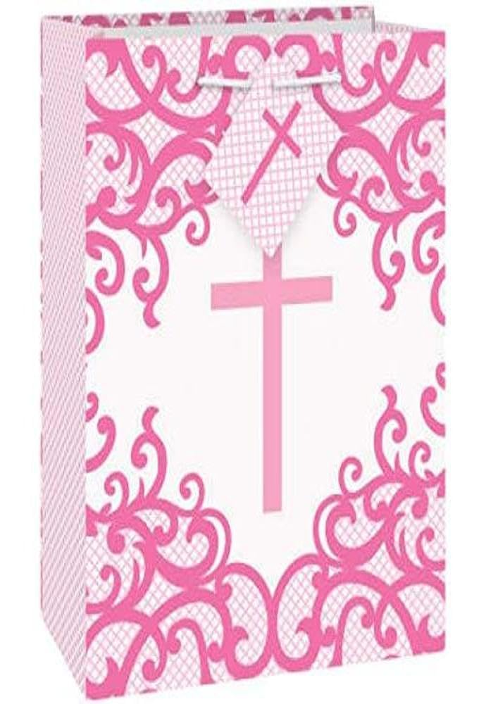 1PC Medium Fancy Pink Cross Gift Bag for Birthday Party, Wedding Favors, Baby Shower, Easter Gifts & Holiday Present