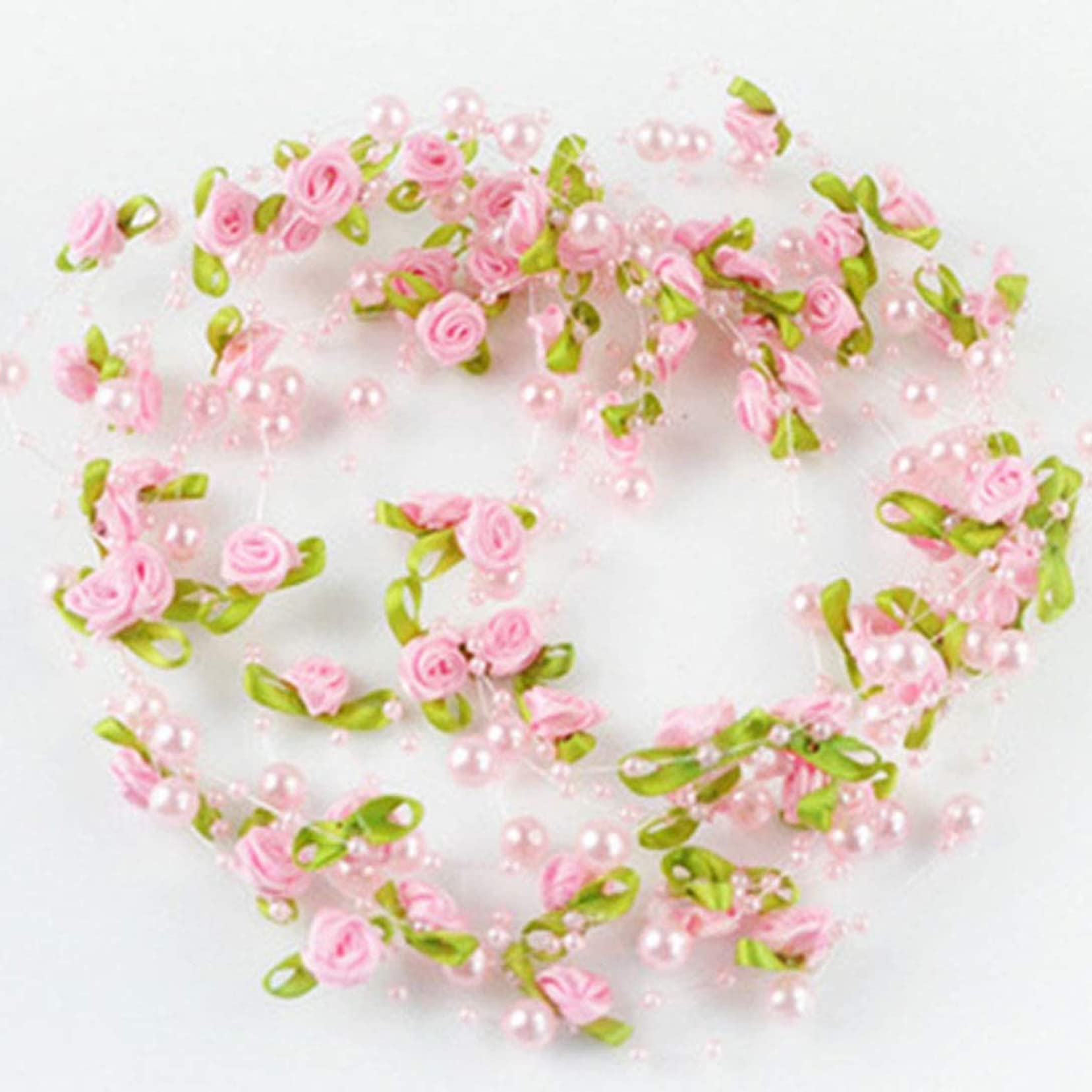 6.56 Ft Artificial Rose Strings with Pearl Leaves and Beads - DIY Craft Ribbon for Wedding, Party, Home Decor - Perfect for Bouquets, Centerpieces, Wreaths & Gift Wrapping