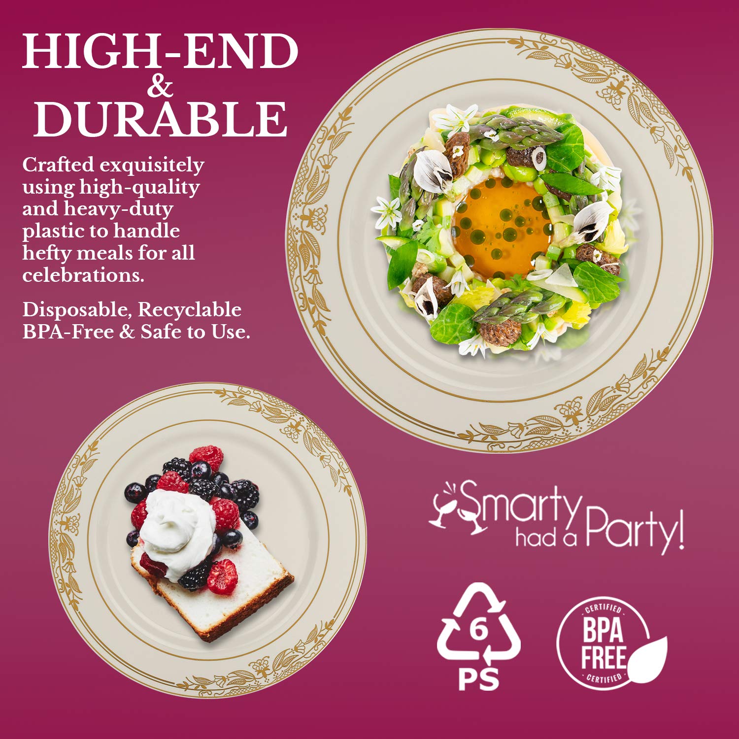 Elegant Disposable Plastic Dinnerware Set - Heavy Duty Fancy Design Plates for Wedding, Birthday Party & Special Events | Ivory Gold 10.25