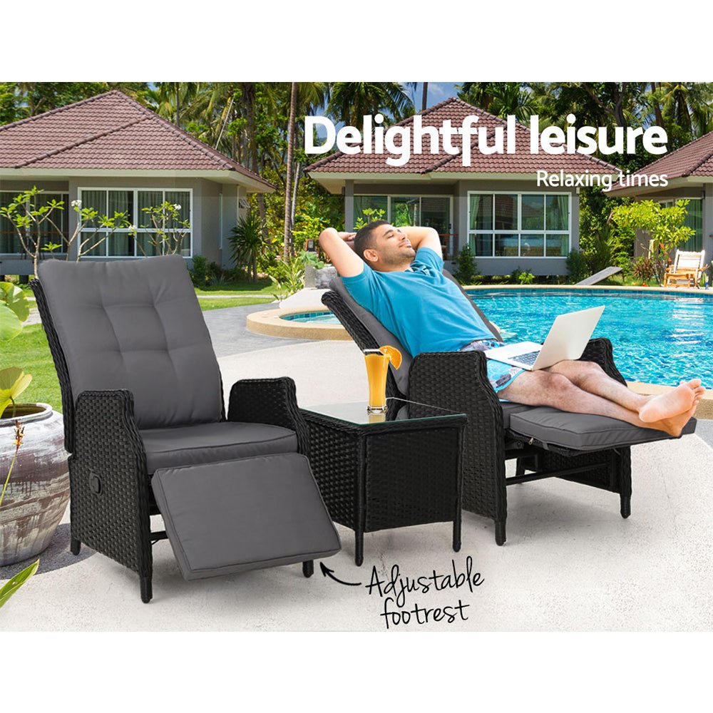 Elara Outdoor Recliner Patio Chairs with Side Table - Adjustable Lounge Chair for Backyard, Poolside & Garden Relaxation - Weather-Resistant Black Furniture Set