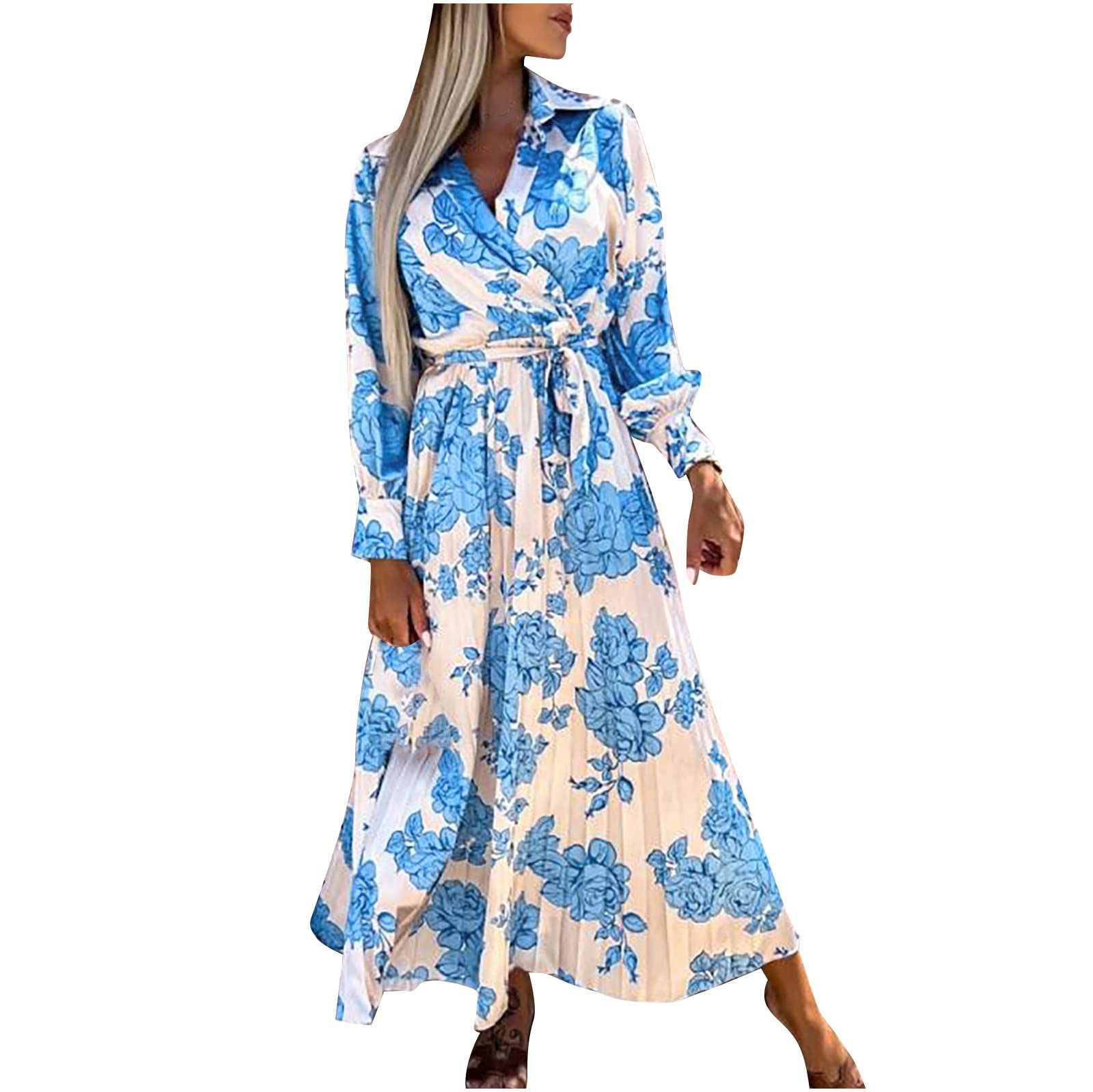 Women's Floral Print Long Sleeve Wrap Waist Casual Shirt Dress - Elegant Swing Flowy Maxi Dress for Spring Summer Office, Party & Vacation Wear
