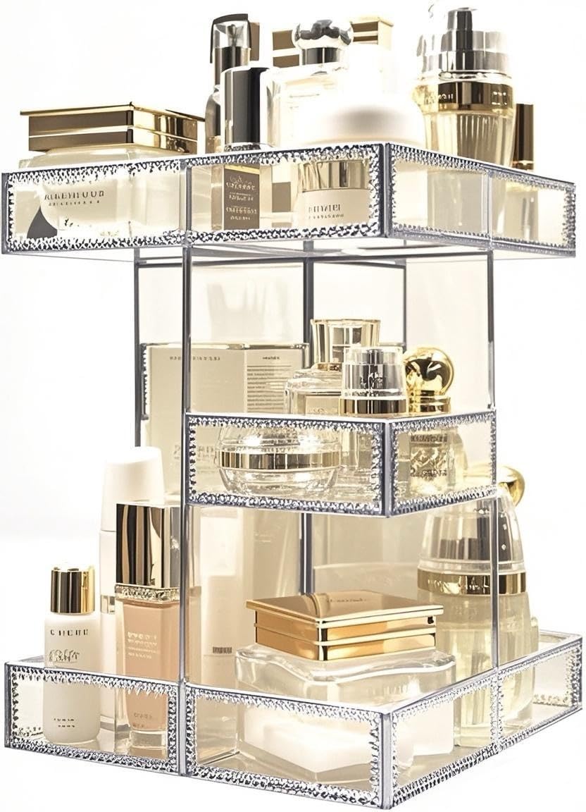 Hersoo 360 Degree Rotating Makeup Organizer - Premium Spinning Cosmetic Storage with Large Capacity, Antique Vanity Countertop Display for Bathroom, Bedroom & Dressing Table (Silver) | Perfect for Organizing Lipsticks, Brushes & Skincare Products