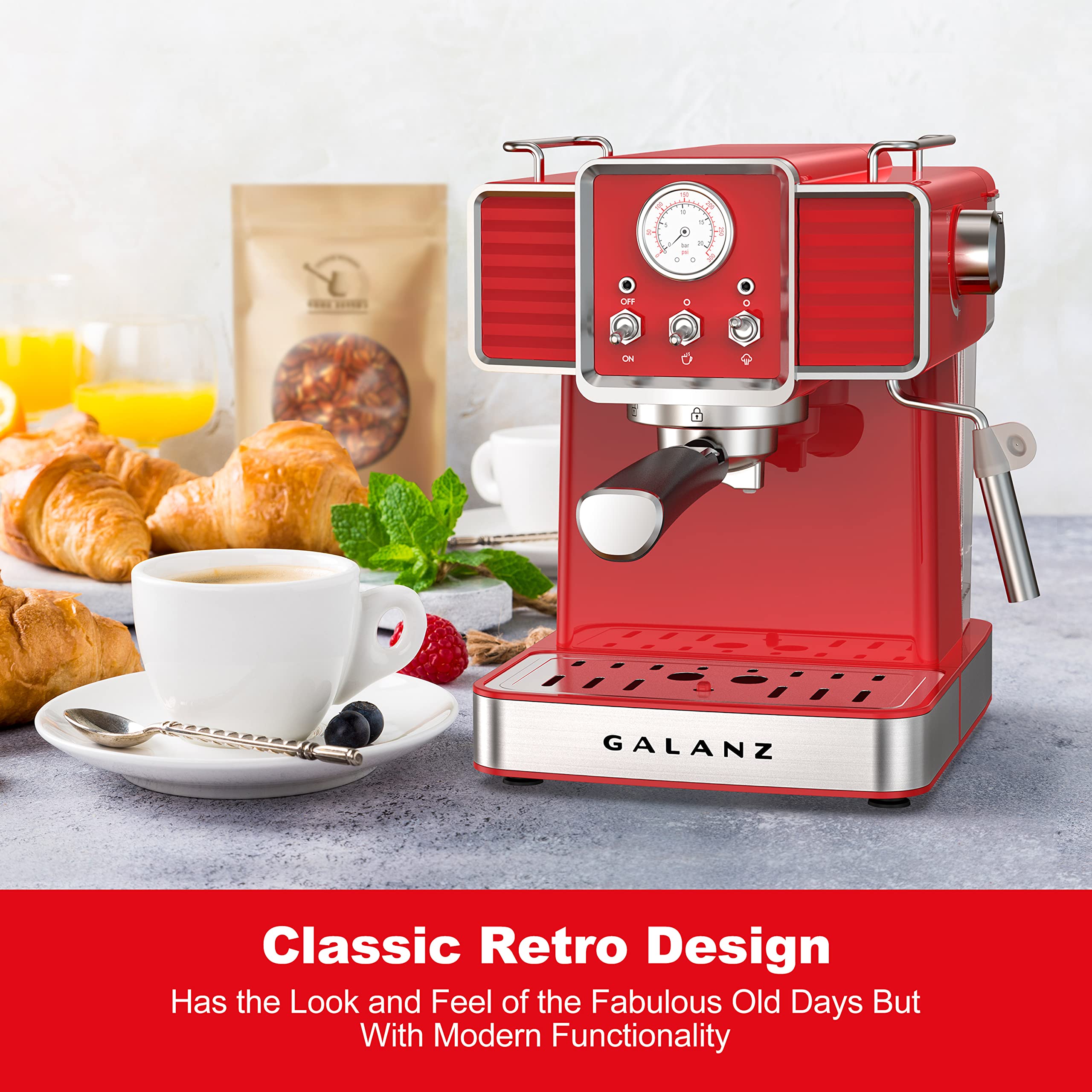 Galanz Retro Espresso Machine with Milk Frother - 15 Bar Pump Professional Cappuccino & Latte Maker, 1.5L Removable Water Tank, 1350W (Vintage Red) - Perfect for Home Coffee Bars, Office Break Rooms & Gift Giving