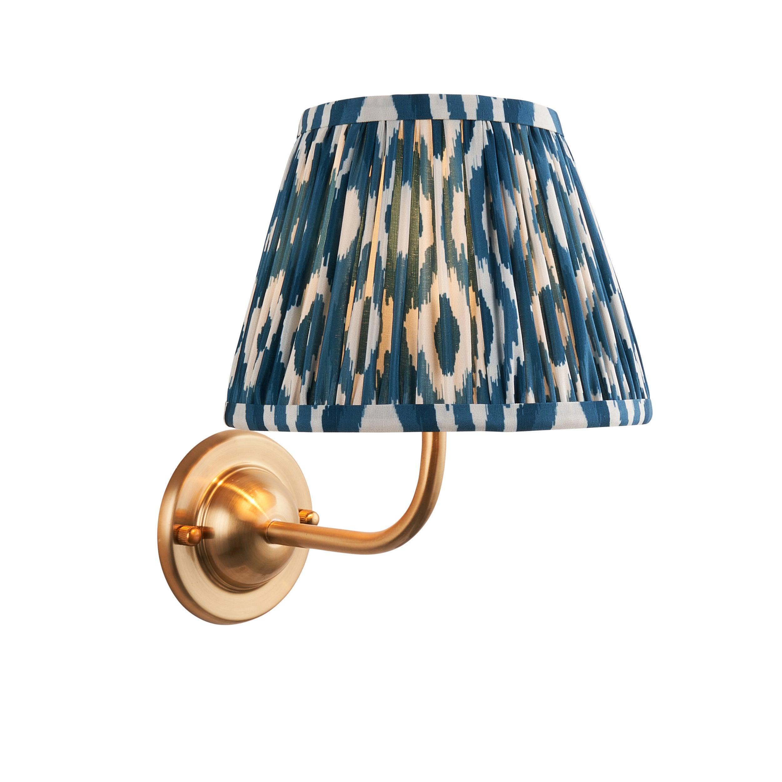 Vintage Dome Arc Brass Wall Light with Ikat 20cm Marlin Blue Shade - Perfect for Bedroom, Living Room, and Hallway Lighting Decor