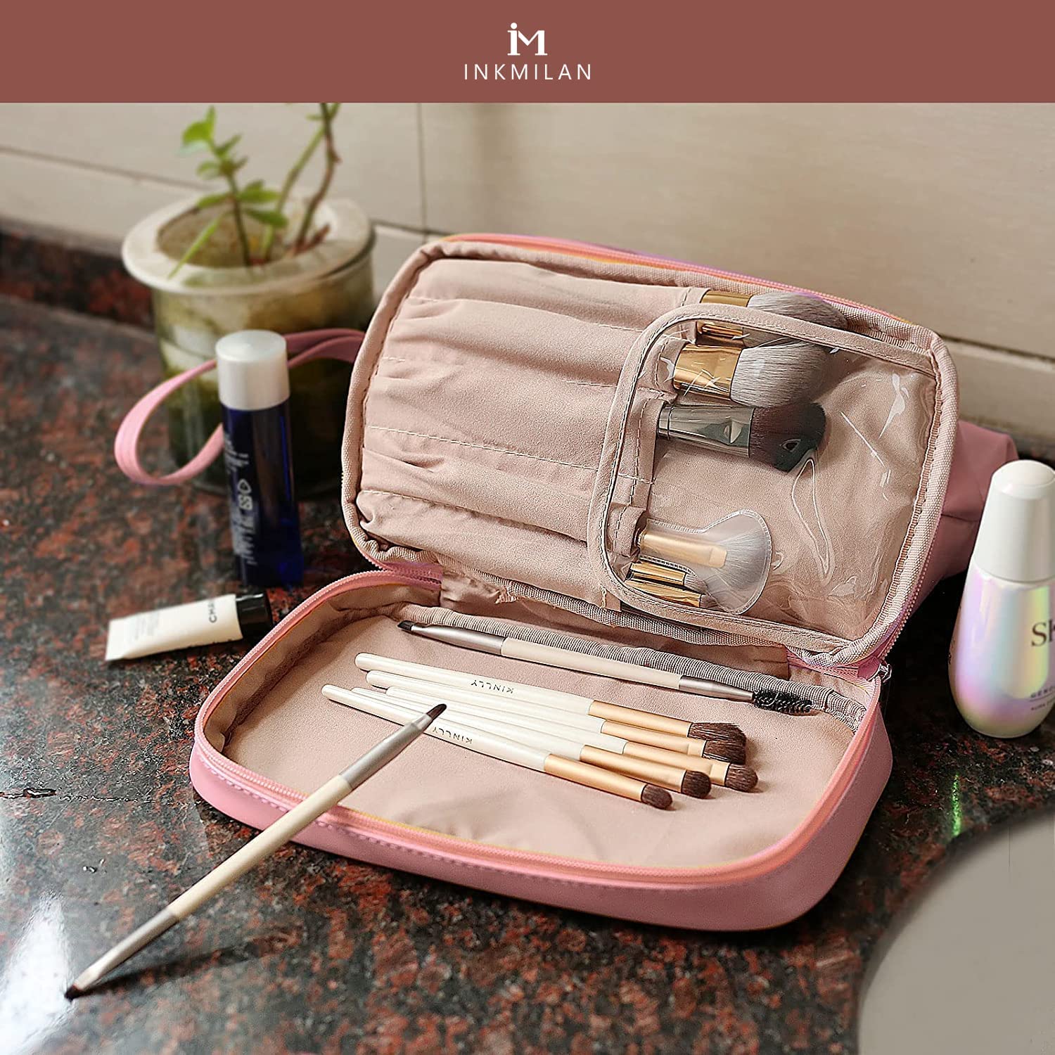 INKMILAN Women's Travel Makeup Bag - Portable Cosmetic Organizer with Wide Opening, Handle & Dividers for Easy Access - Pink Toiletry Storage Bag | Perfect for Travel, Gym, and Daily Makeup Organization