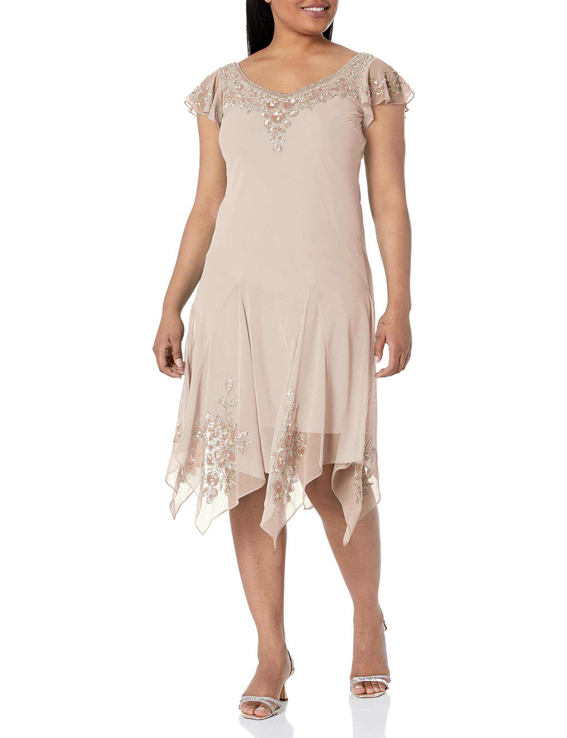 J Kara Women's Plus Size Petite Flutter Sleeve Hanky Hem Short Cocktail Beaded Dress - Elegant Party Wear for Weddings, Evening Events & Special Occasions