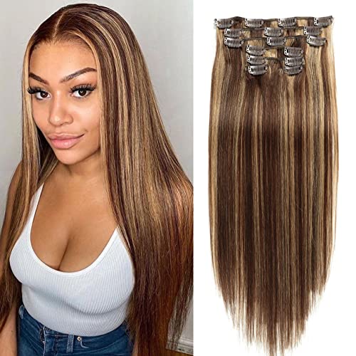 Asteria 16 Inch Clip In Human Hair Extensions - 7pcs 120g Straight Real Human Hair for Women, Chocolate Brown to Caramel Blonde Highlights | Perfect for Daily Wear, Parties & Special Occasions
