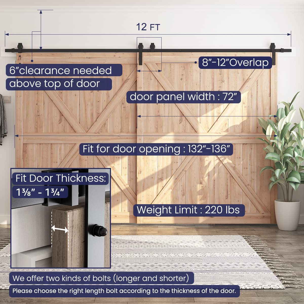 SMARTSTANDARD 12 Feet Bypass Sliding Barn Door Hardware Kit for Double Wooden Doors - Single Track System - Smooth Quiet Operation - Easy Installation Fits 132