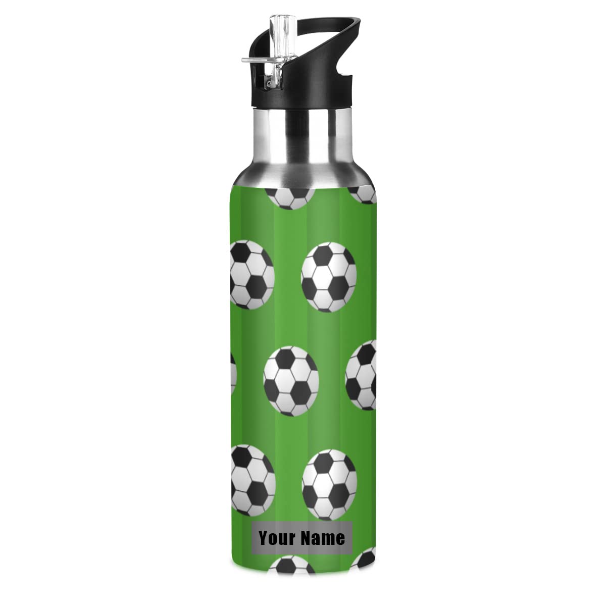Custom Soccer Ball Pattern Insulated Stainless Steel Water Bottle 20oz - BPA Free, Leakproof, Personalized with Name/Text - Perfect for Sports, Cycling, Gym, Work & Travel Accessories