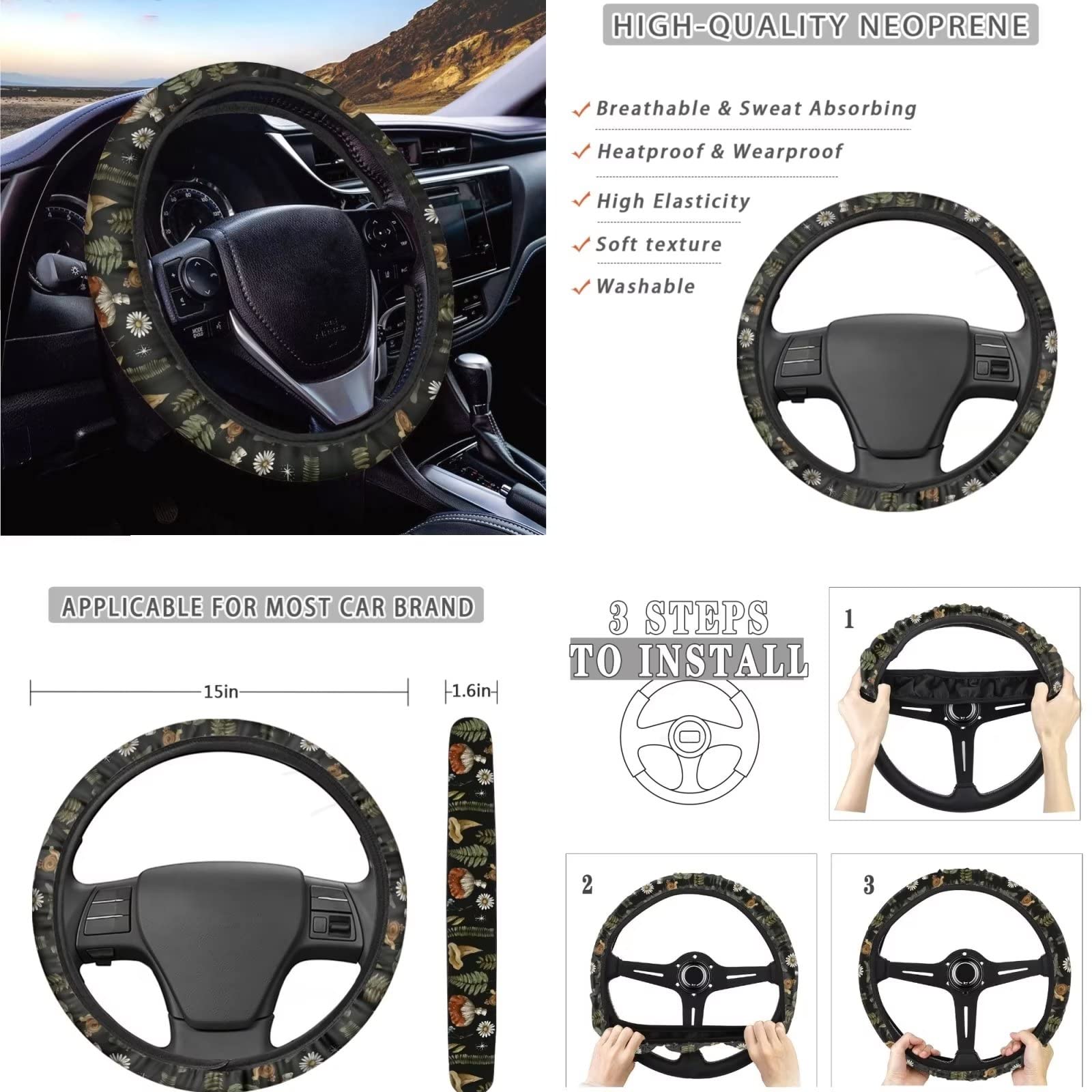 **Mumeson Universal 15-inch Car Seat Covers Set – Soft Mushroom Print Front Seat Protectors, Steering Wheel Cover, Seatbelt Covers & 7-Pack Coasters for Women – Perfect for Daily Commute & Road Trips**