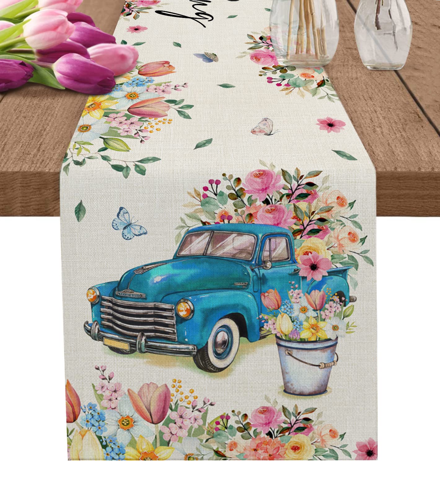70 Inch Spring Floral Burlap Table Runner - Farmhouse Kitchen Dining Decor for Coffee Table, Wedding, Party & Banquet | Rustic Home Decoration & Seasonal Table Setting