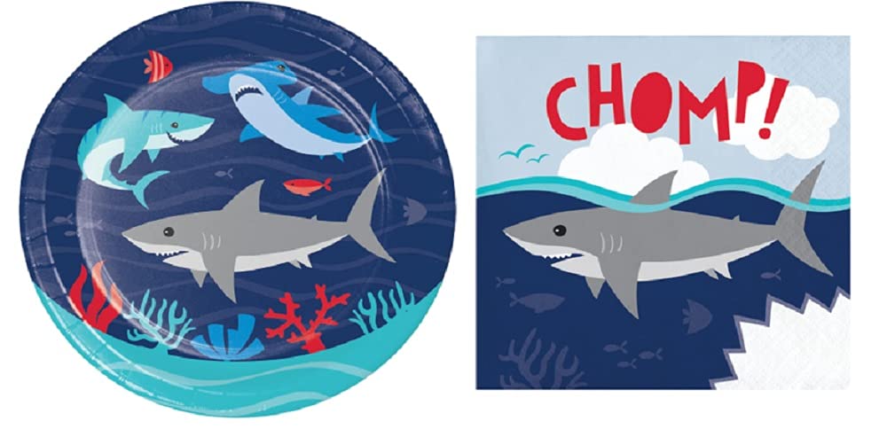 Shark Themed Party Supplies - 16 Dessert Plates & 16 Beverage Napkins Set for Kids Birthday, Baby Shower, Ocean Theme Party Decorations