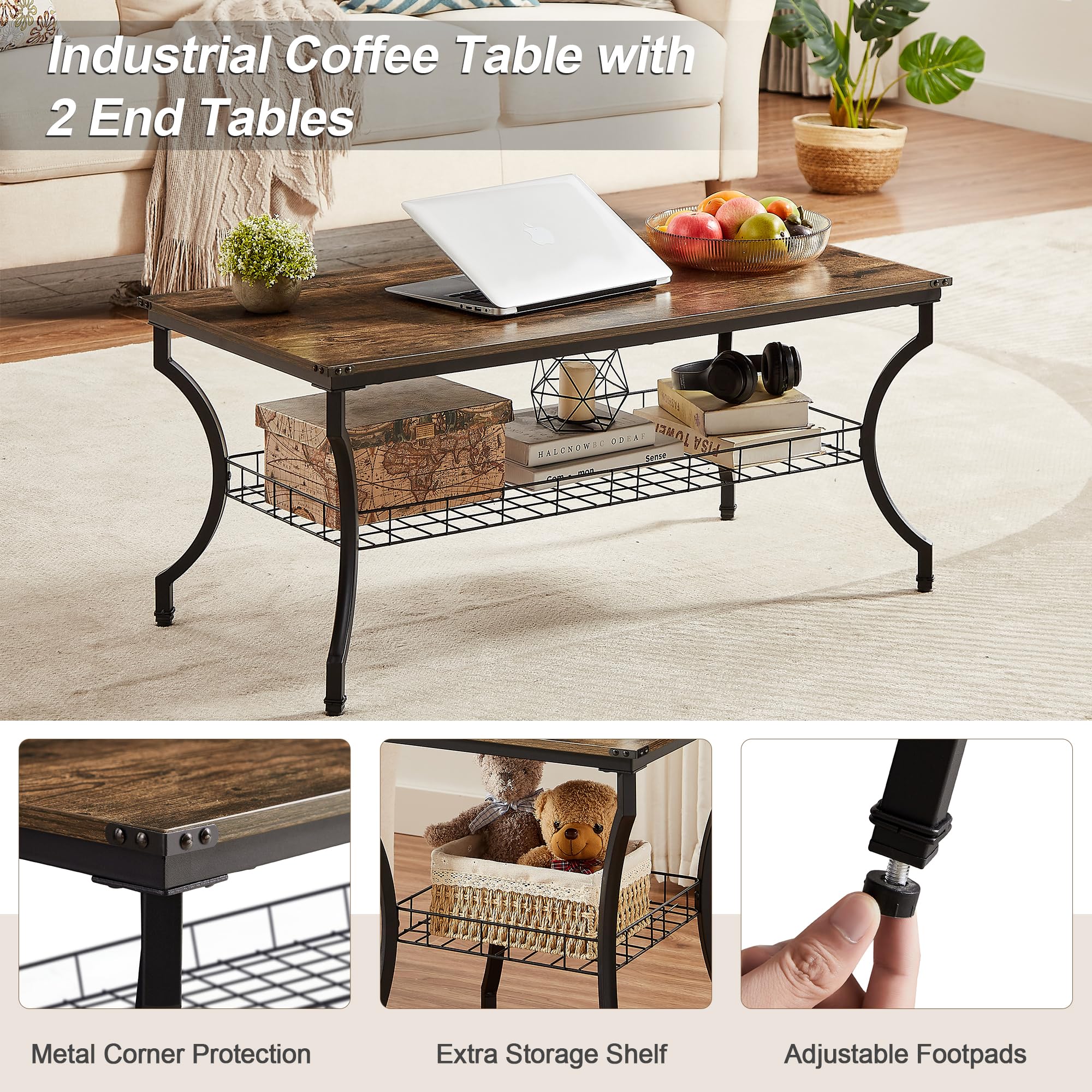 VECELO 3-Piece Living Room Table Set - Coffee Table & End Tables with Open Storage Shelves, Easy Assembly, Brown - Perfect for Apartments, Home Offices & Small Spaces | Living Room Furniture, Modern Home Decor