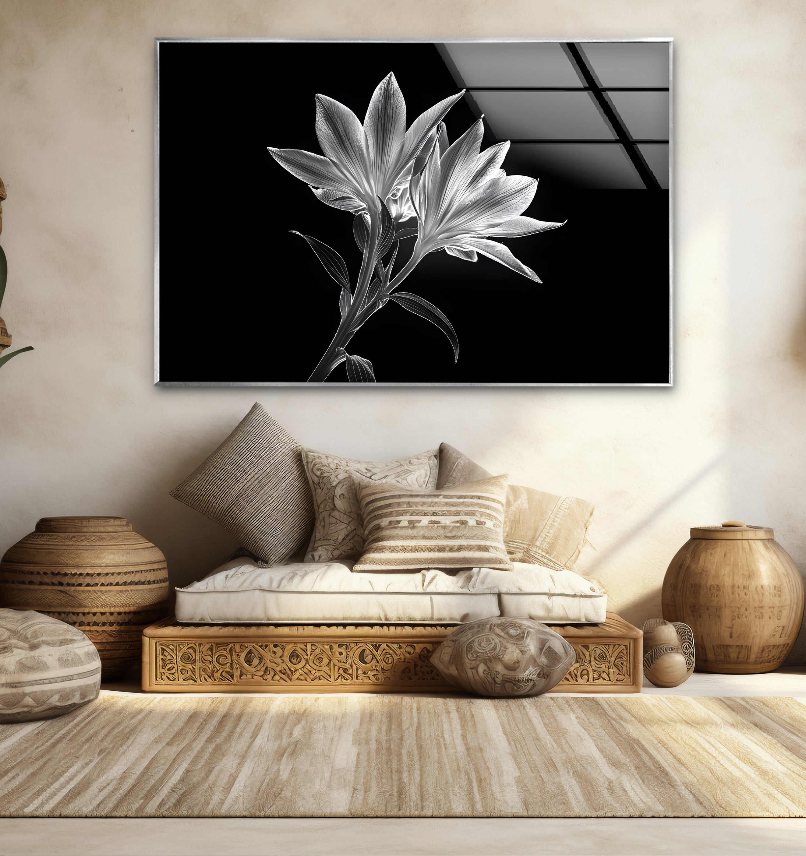 Black and White Xray Lilies Glass Wall Art - Elegant Floral Decor for Living Room, Bedroom, or Office - Perfect for Home and Office Decor