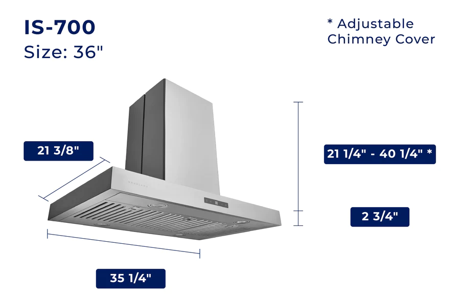 Hauslane Chef Series IS 700 1000 CFM Convertible Stainless Steel Island Range Hood - Powerful Kitchen Ventilation for Open Concept Homes & Commercial Kitchens