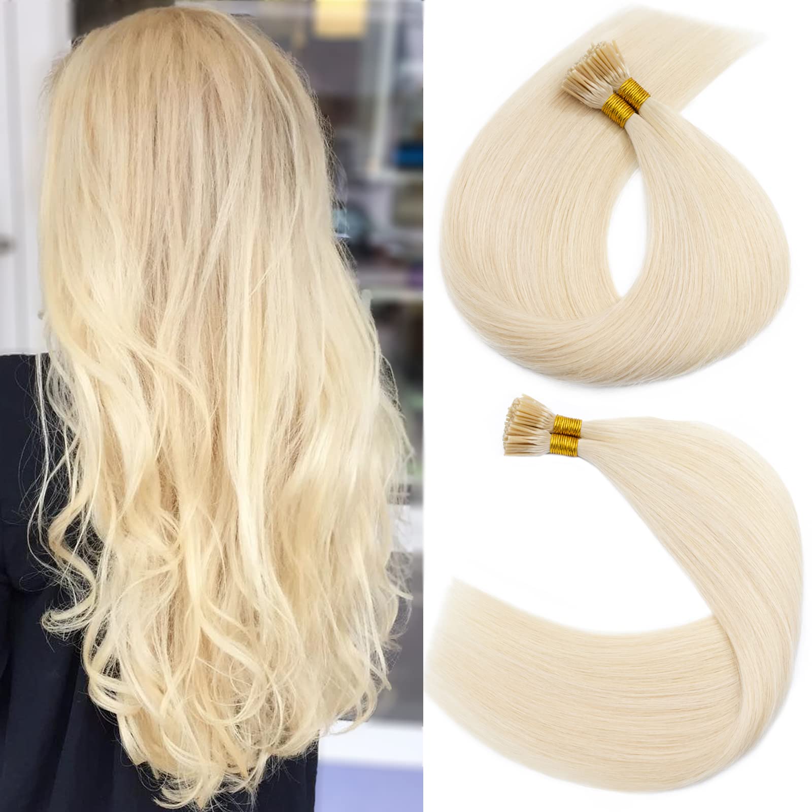 S-noilite Pre Bonded I-Tip Human Hair Extensions 16 Inch 100 Strands (50g) - #60 Platinum Blonde | Cold Fusion Stick Tip Real Human Hair with Invisible Keratin Glue | Perfect for Parties, Weddings & Daily Styling